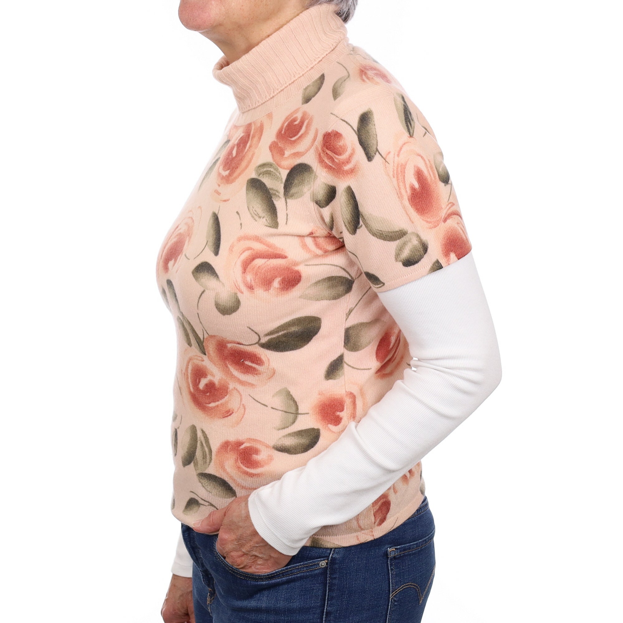 Shell Pink Floral Cashmere Short Sleeve Polo Neck Jumper Medium