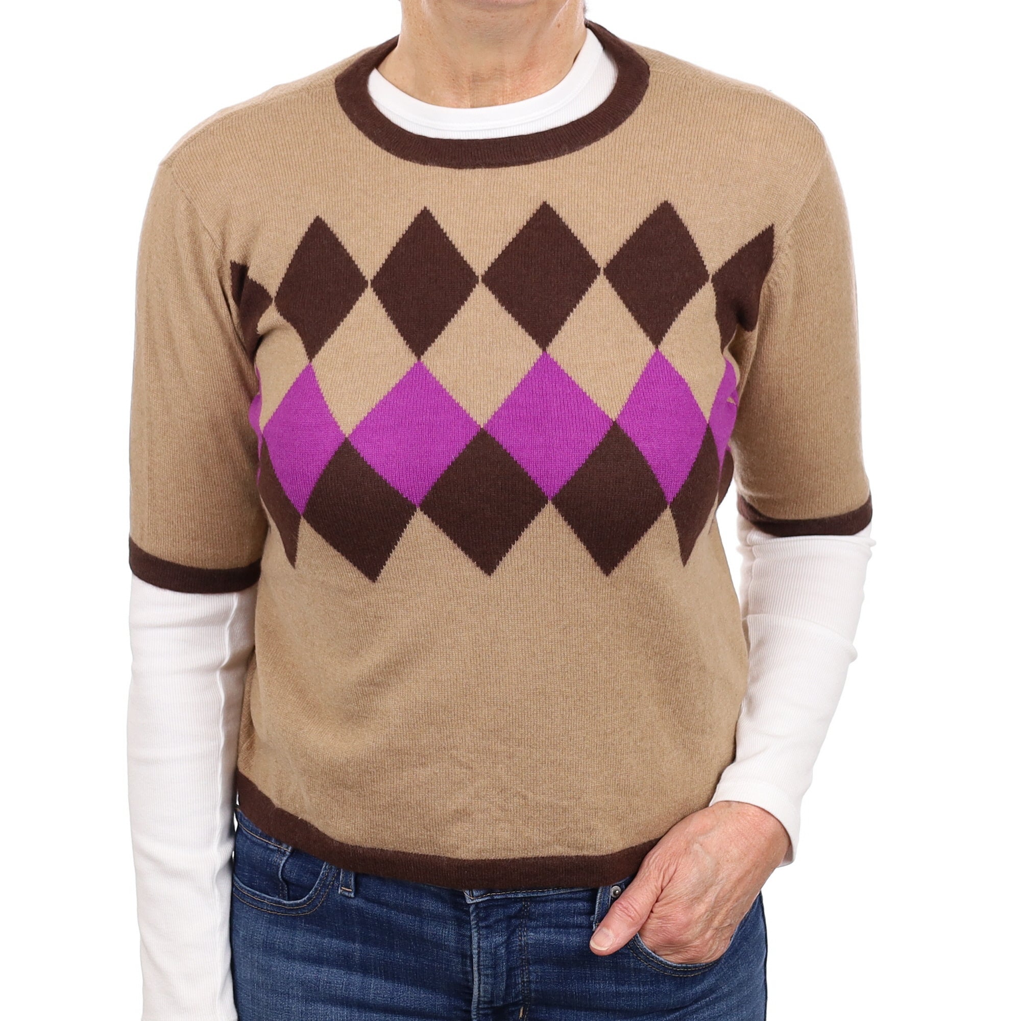 Toffee Brown Diamond Cashmere Short Sleeve Crew Neck Jumper Medium