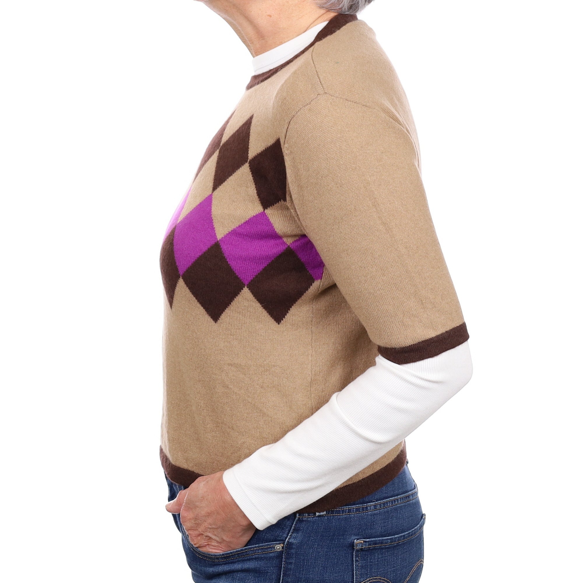 Toffee Brown Diamond Cashmere Short Sleeve Crew Neck Jumper Medium