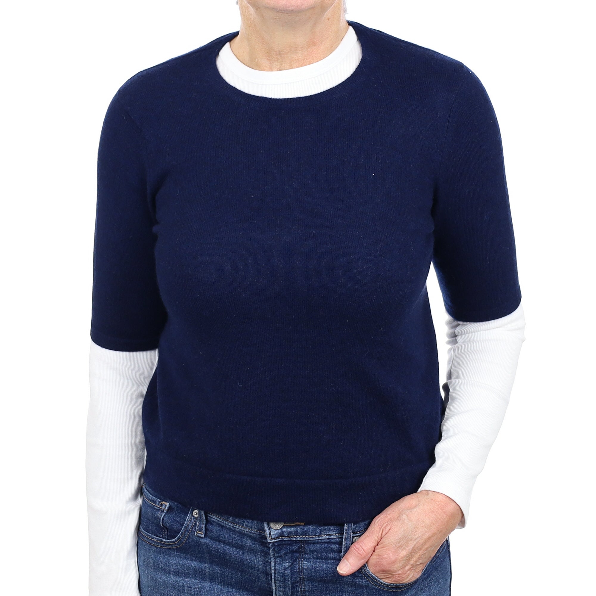 Navy Cashmere Short Sleeve Crew Neck Jumper Medium
