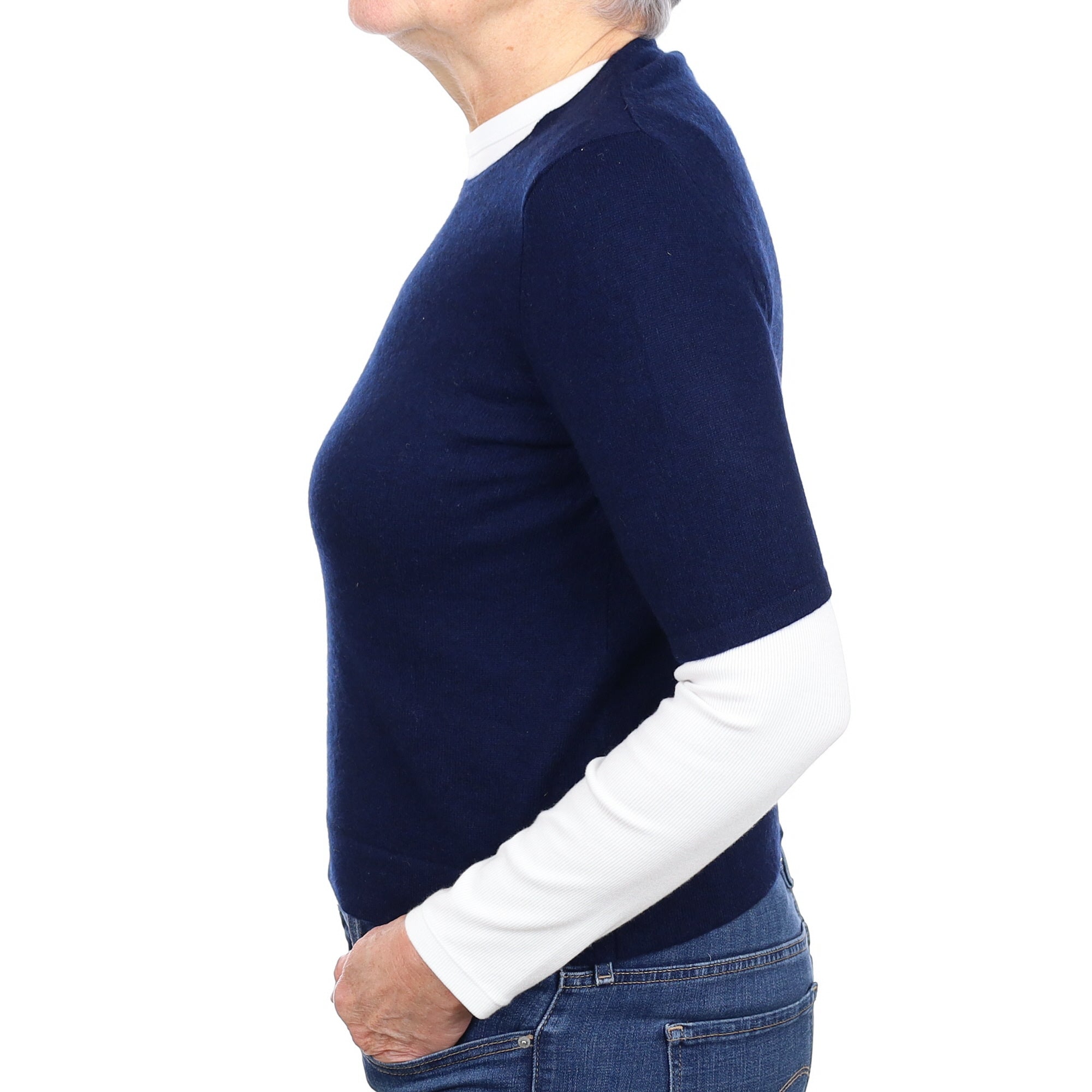Navy Cashmere Short Sleeve Crew Neck Jumper Medium