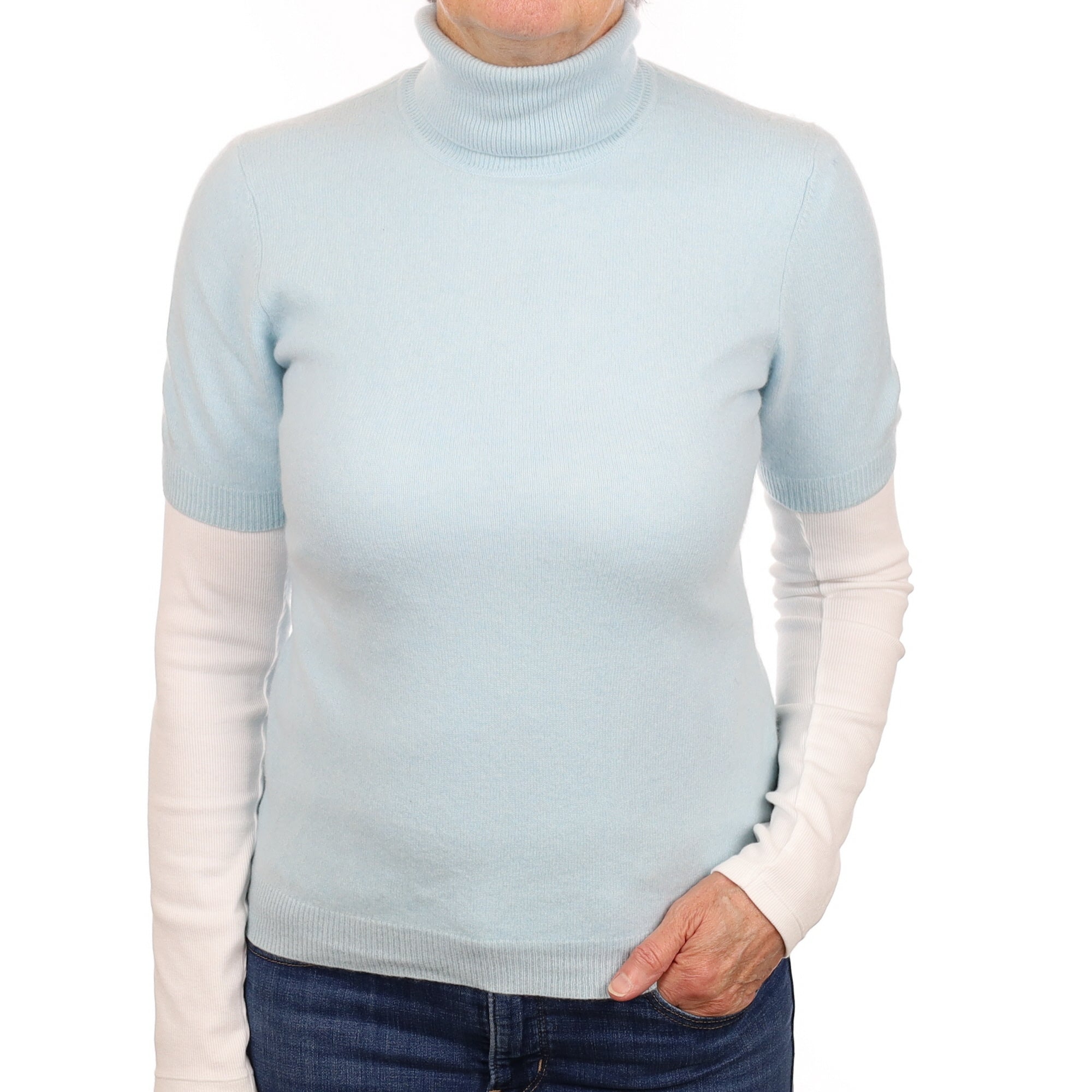 Opal Blue Cashmere Short Sleeve Polo Neck Jumper Medium