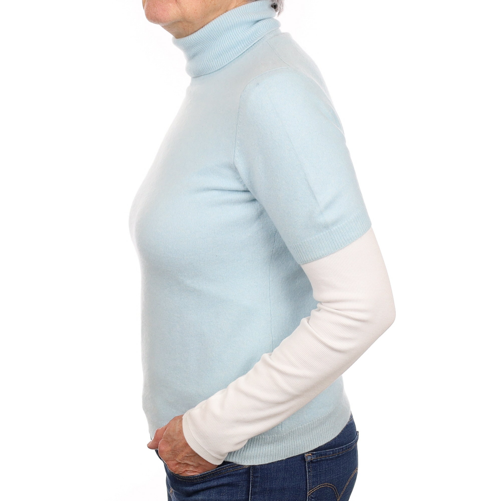 Opal Blue Cashmere Short Sleeve Polo Neck Jumper Medium