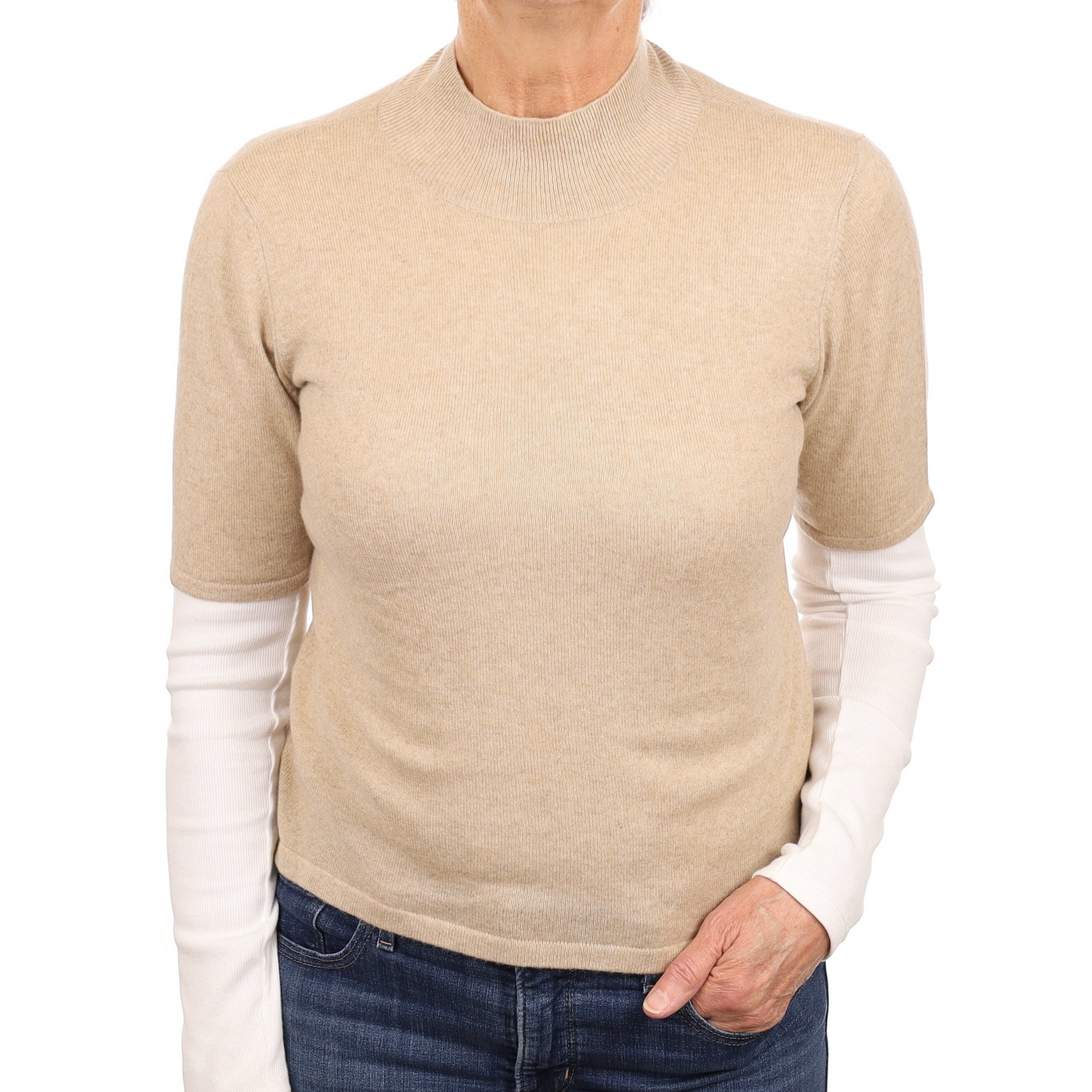 Sand Cashmere Short Sleeve Turtleneck Jumper Medium