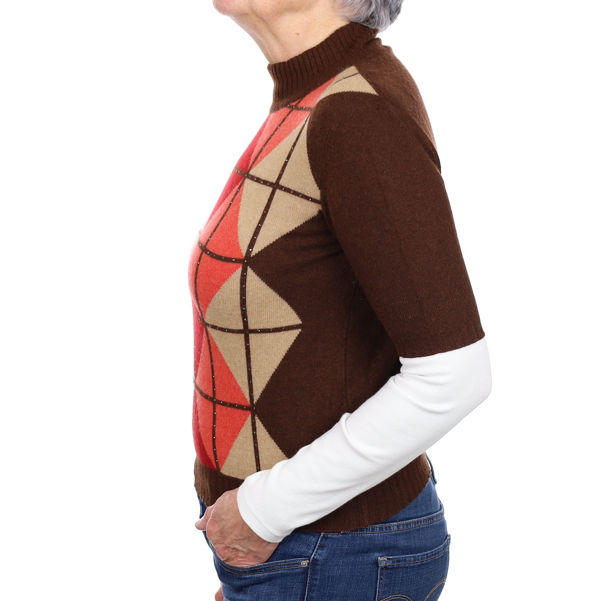 Umber and Orange Patterned Cashmere Short Sleeve Turtleneck Jumper Medium
