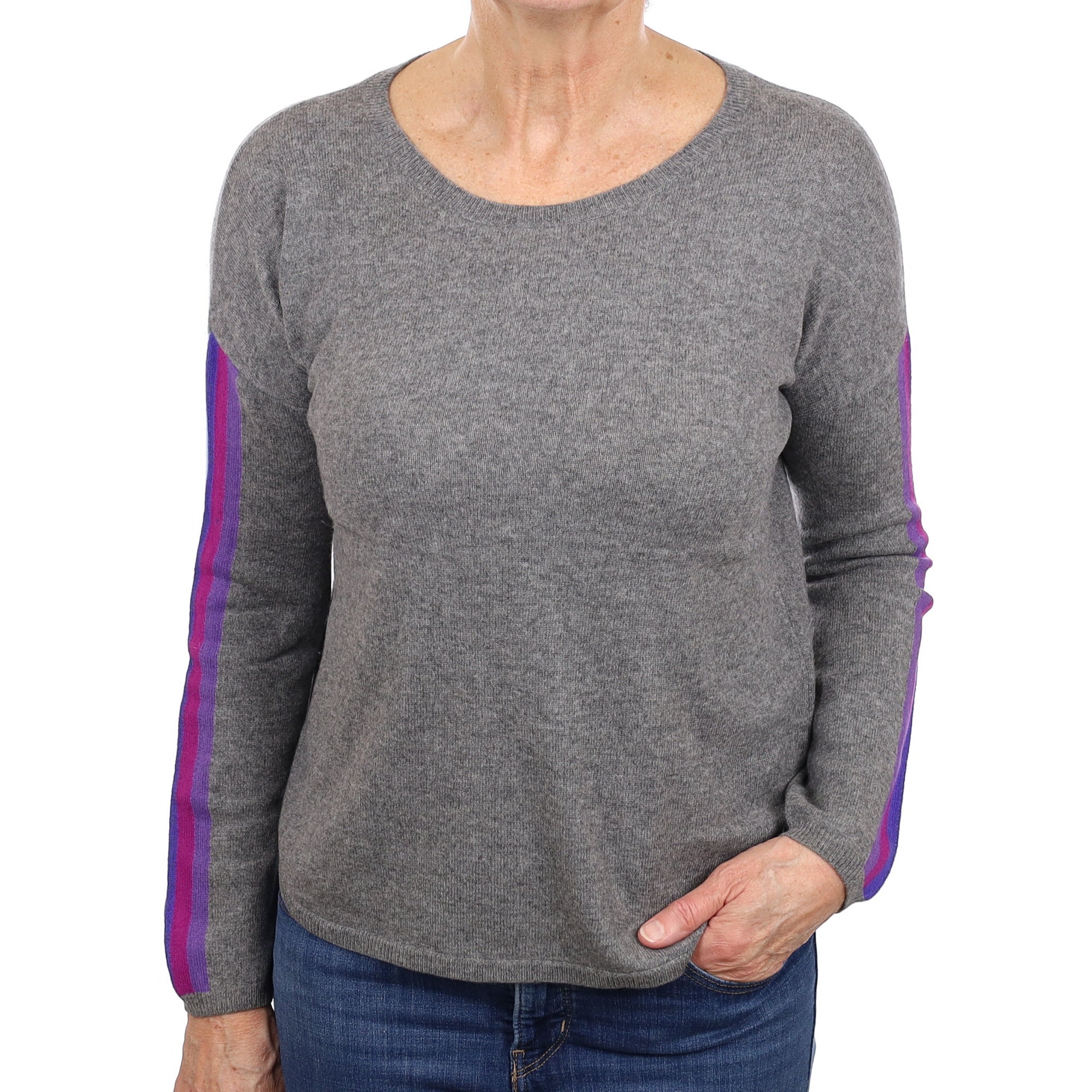 Wyse Slate Grey Rainbow Striped Cashmere Crew Neck Jumper Medium