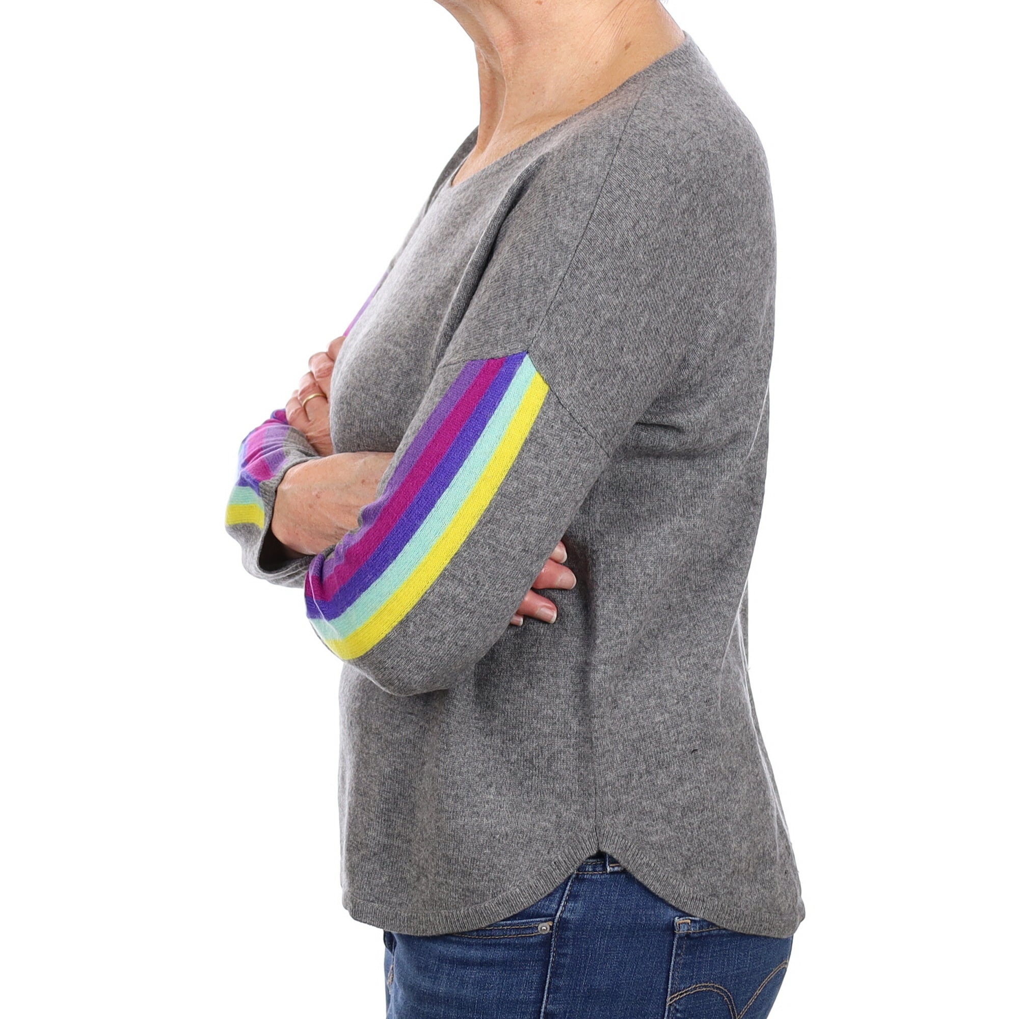 Wyse Slate Grey Rainbow Striped Cashmere Crew Neck Jumper Medium