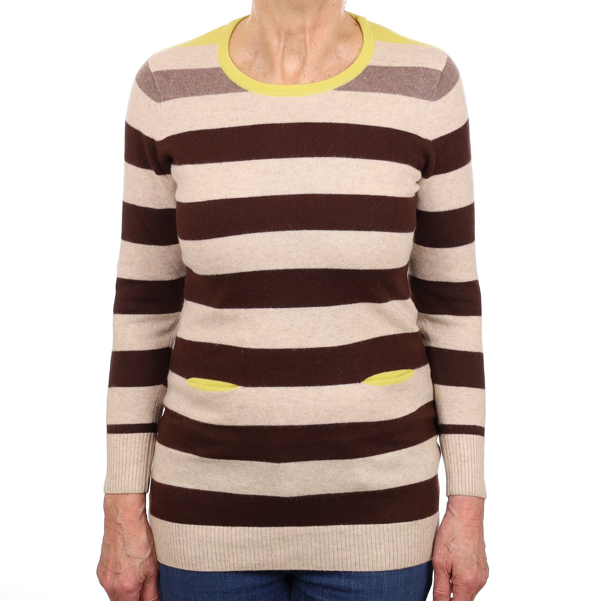 Oatmeal And Chocolate Striped Cashmere Longline Crew Neck Jumper Medium