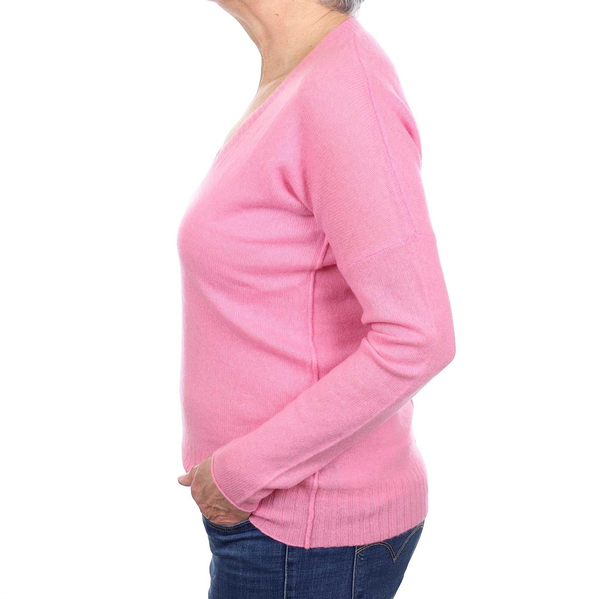 Bubble Gum Pink Cashmere Batwing V Neck Jumper Medium