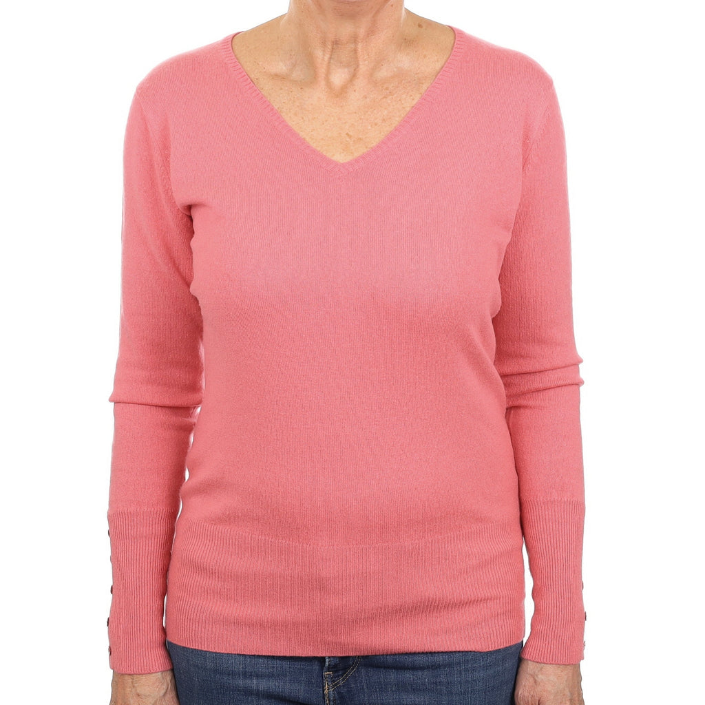 Flamingo Pink Cashmere Button Sleeved V Neck Jumper Medium