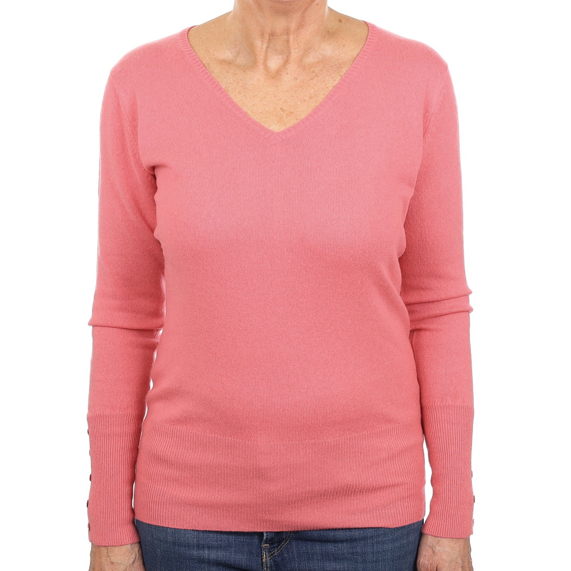 Flamingo Pink Cashmere Button Sleeved V Neck Jumper Medium