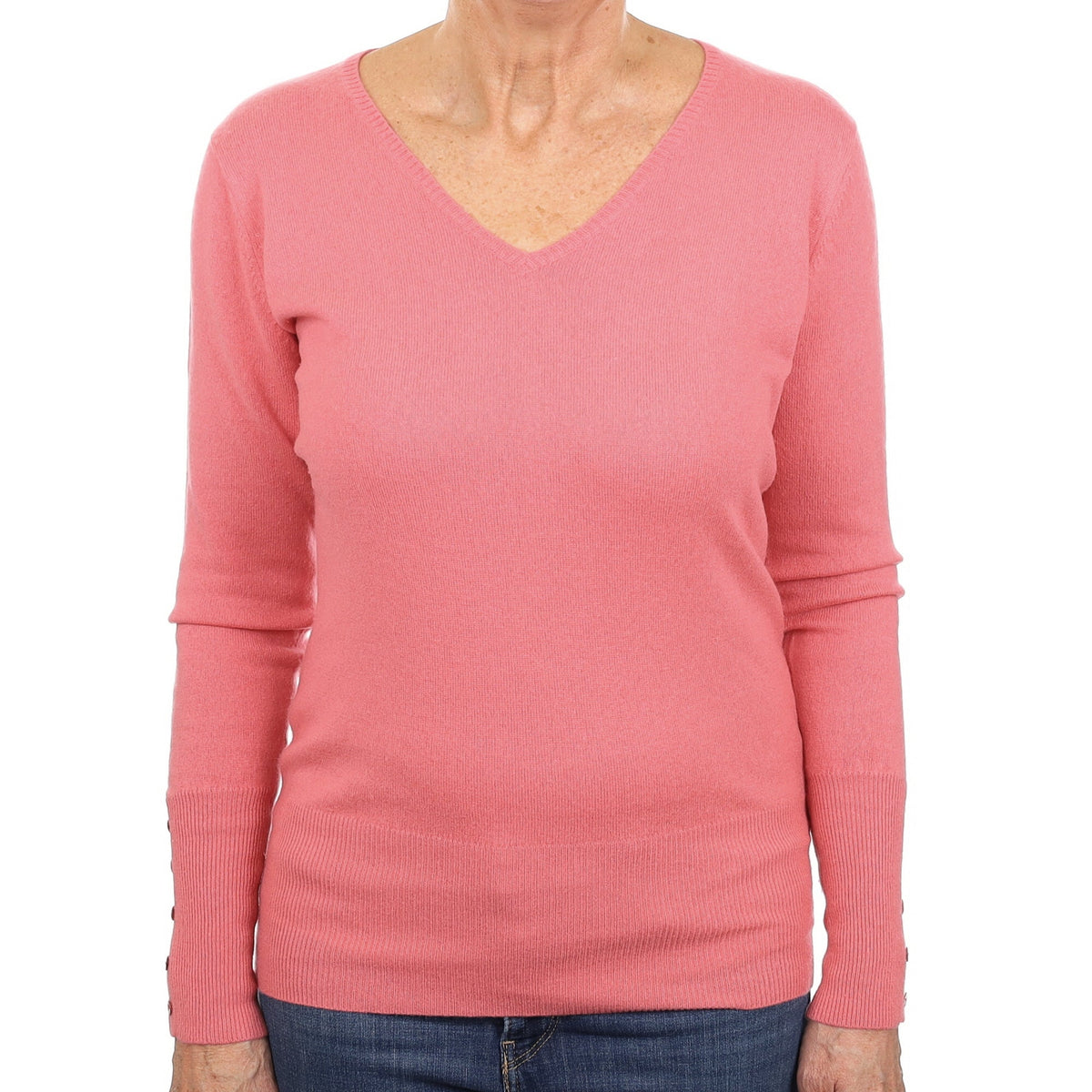 Flamingo Pink Cashmere Button Sleeved V Neck Jumper Medium