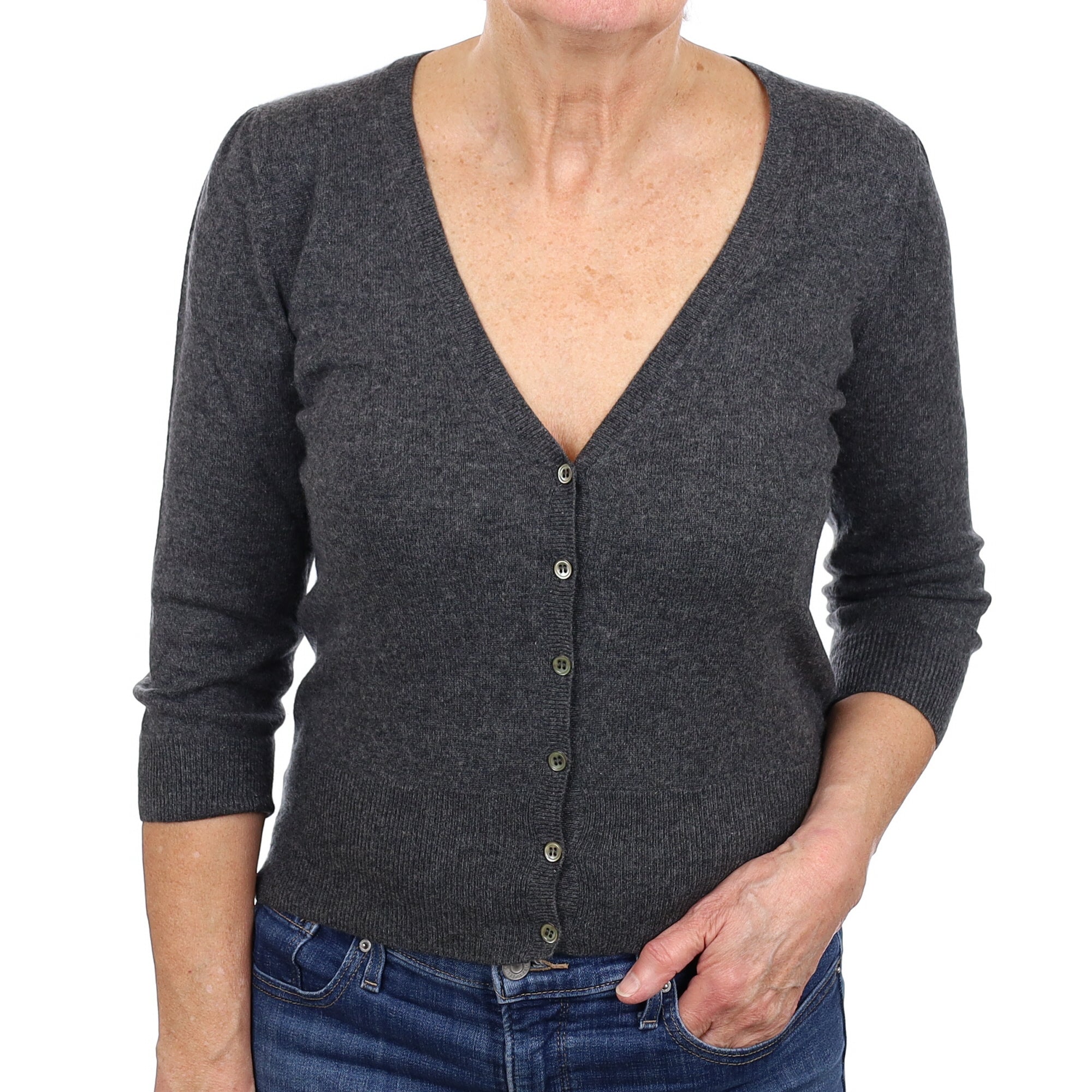 Charcoal Grey Cashmere 3/4 Sleeve V Neck Cardigan Medium