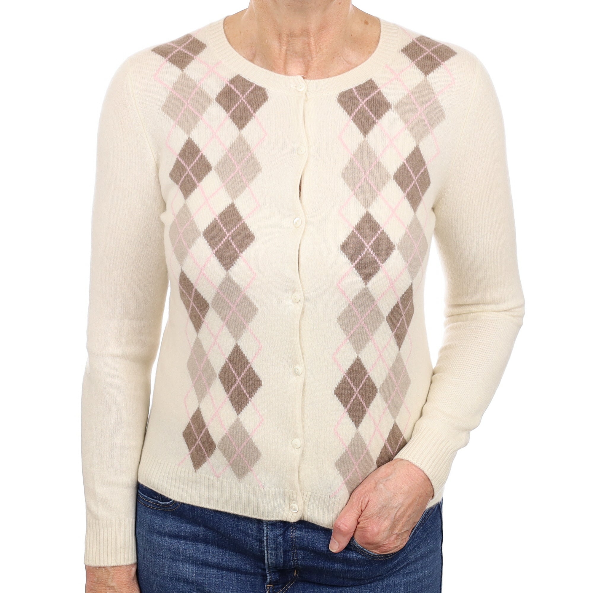 Cream and Mocha Argyle Cashmere Cardigan Medium