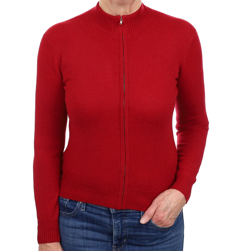 Crimson Red Zip Up Cashmere Turtle Neck Cardigan Medium