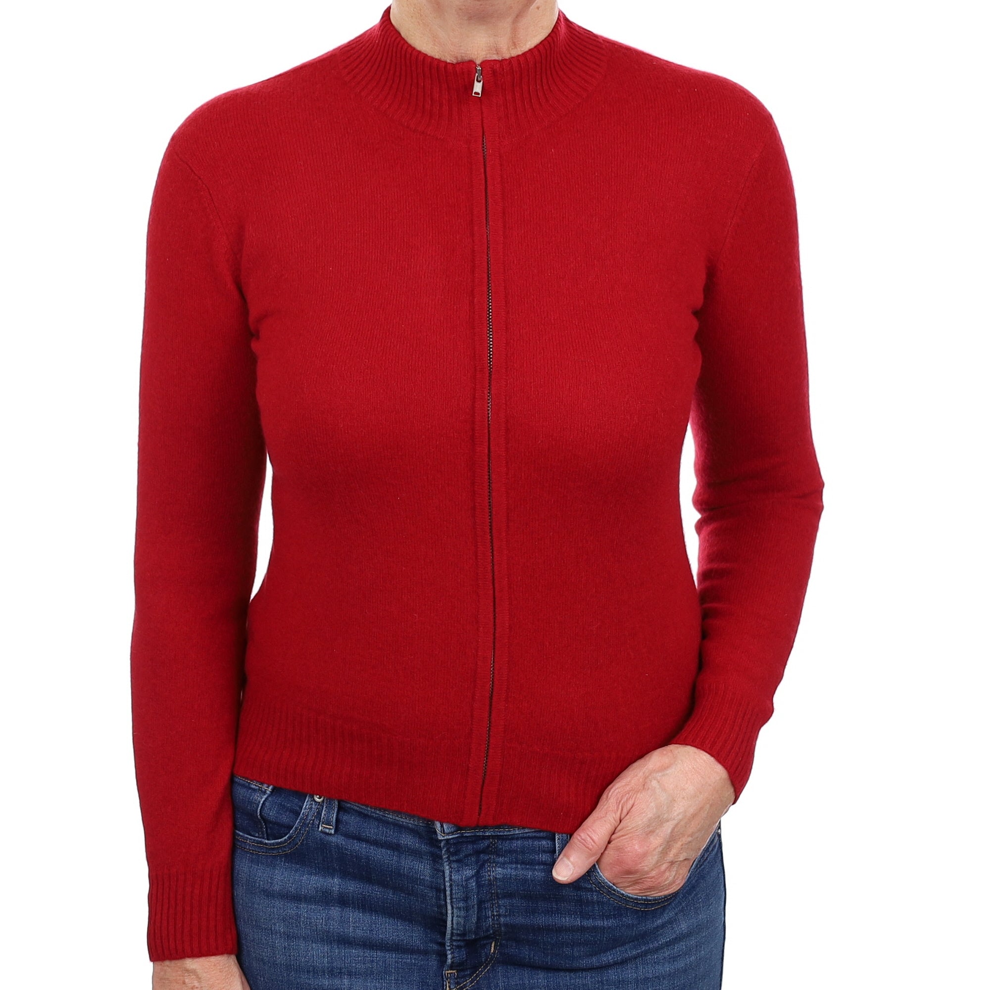 Crimson Red Zip Up Cashmere Turtle Neck Cardigan Medium