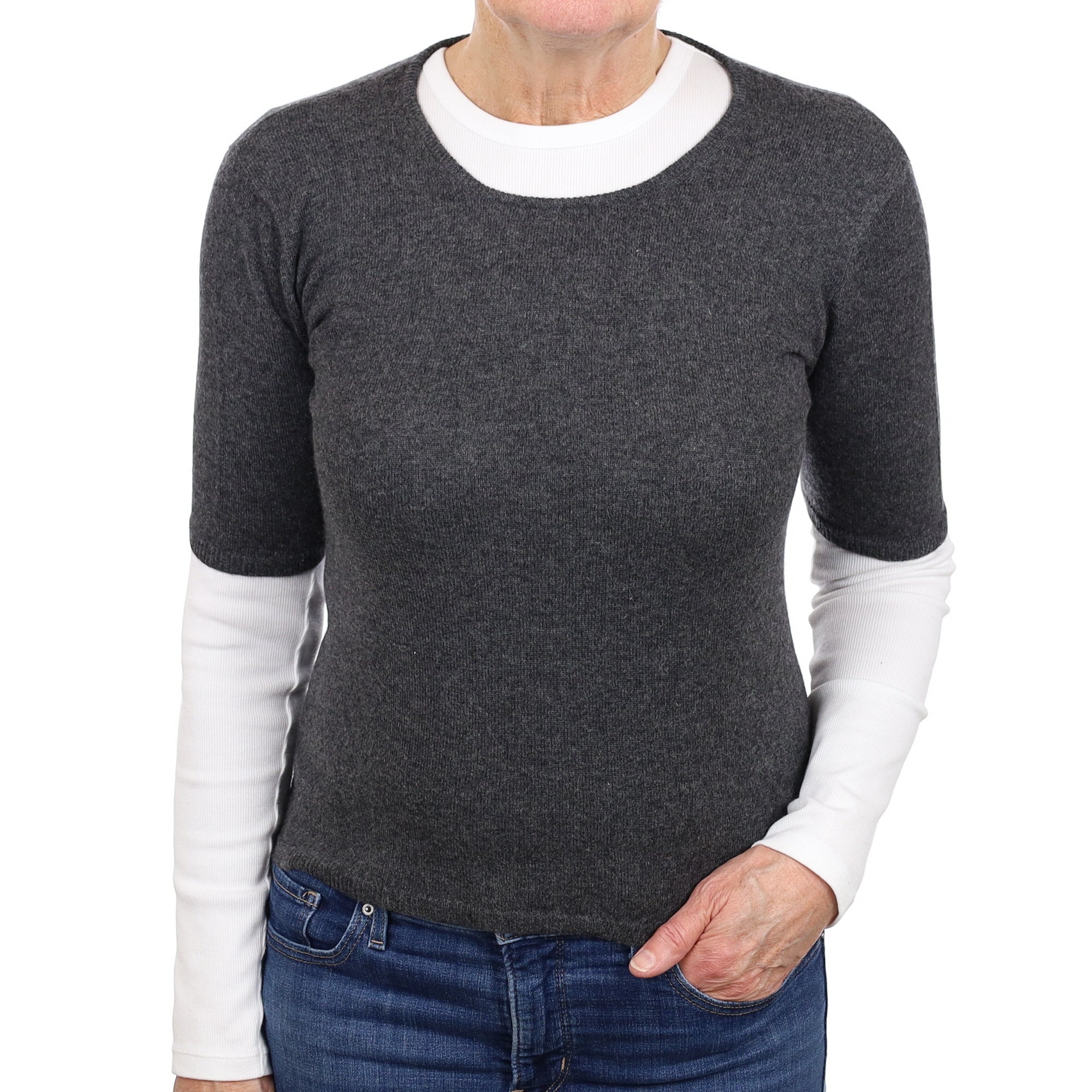 Slate Grey Short Sleeved Cashmere Crew Neck Jumper Medium