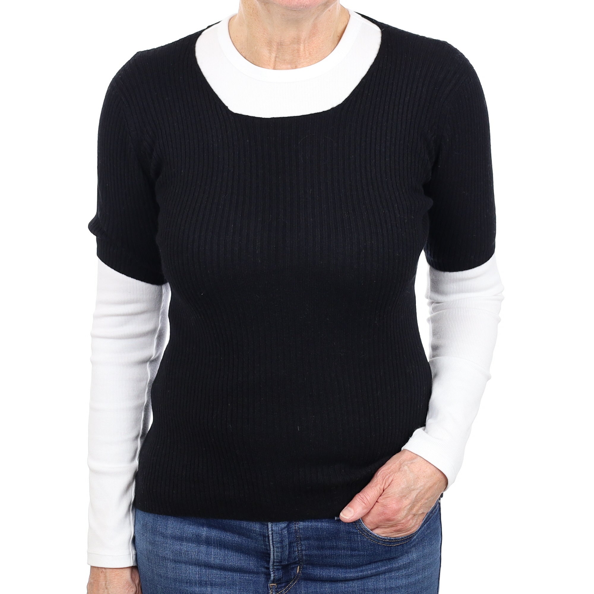 Black Ribbed Cashmere Short Sleeved Square Neck Jumper Medium