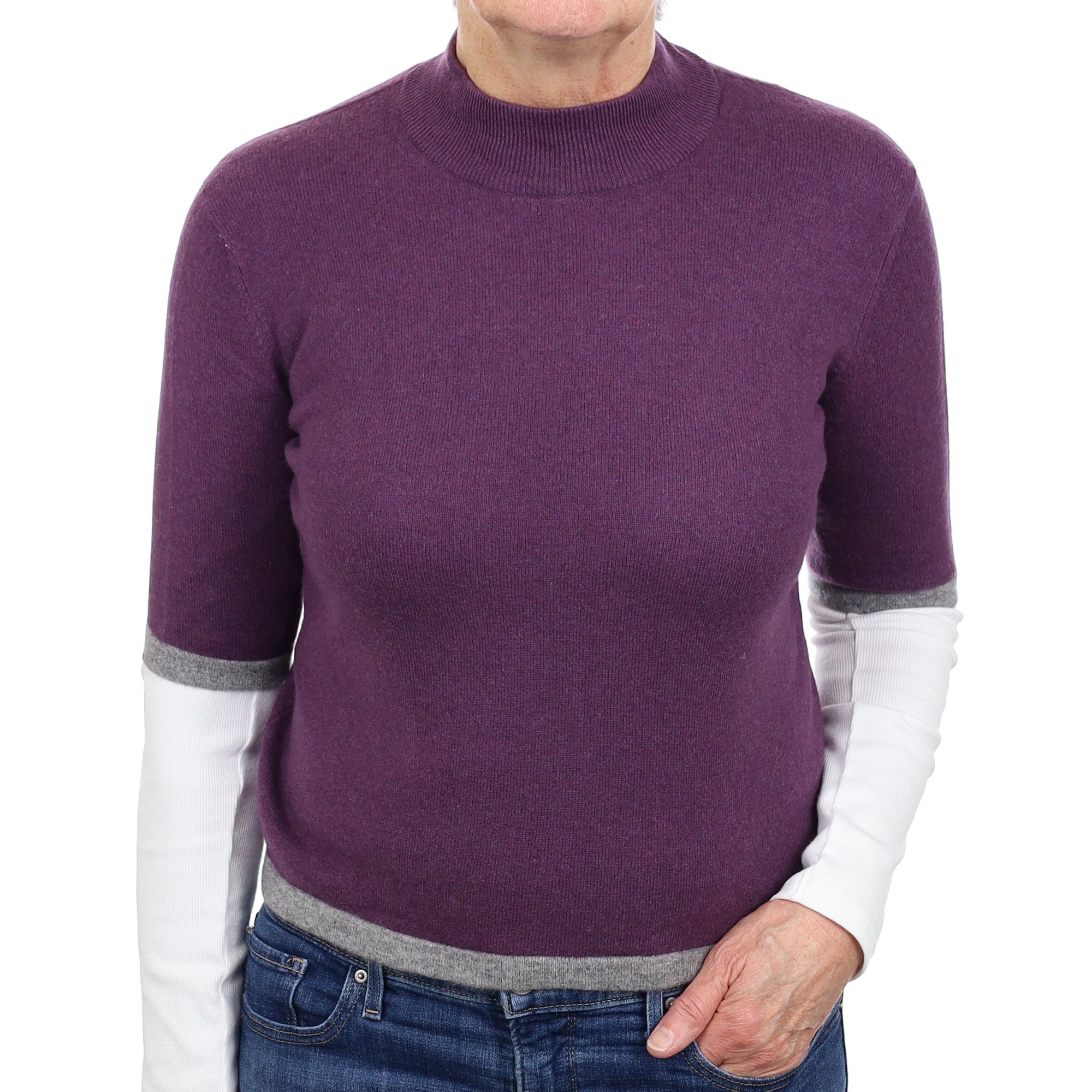 Deep Purple Cashmere Short Sleeved Turtle Neck Jumper Medium