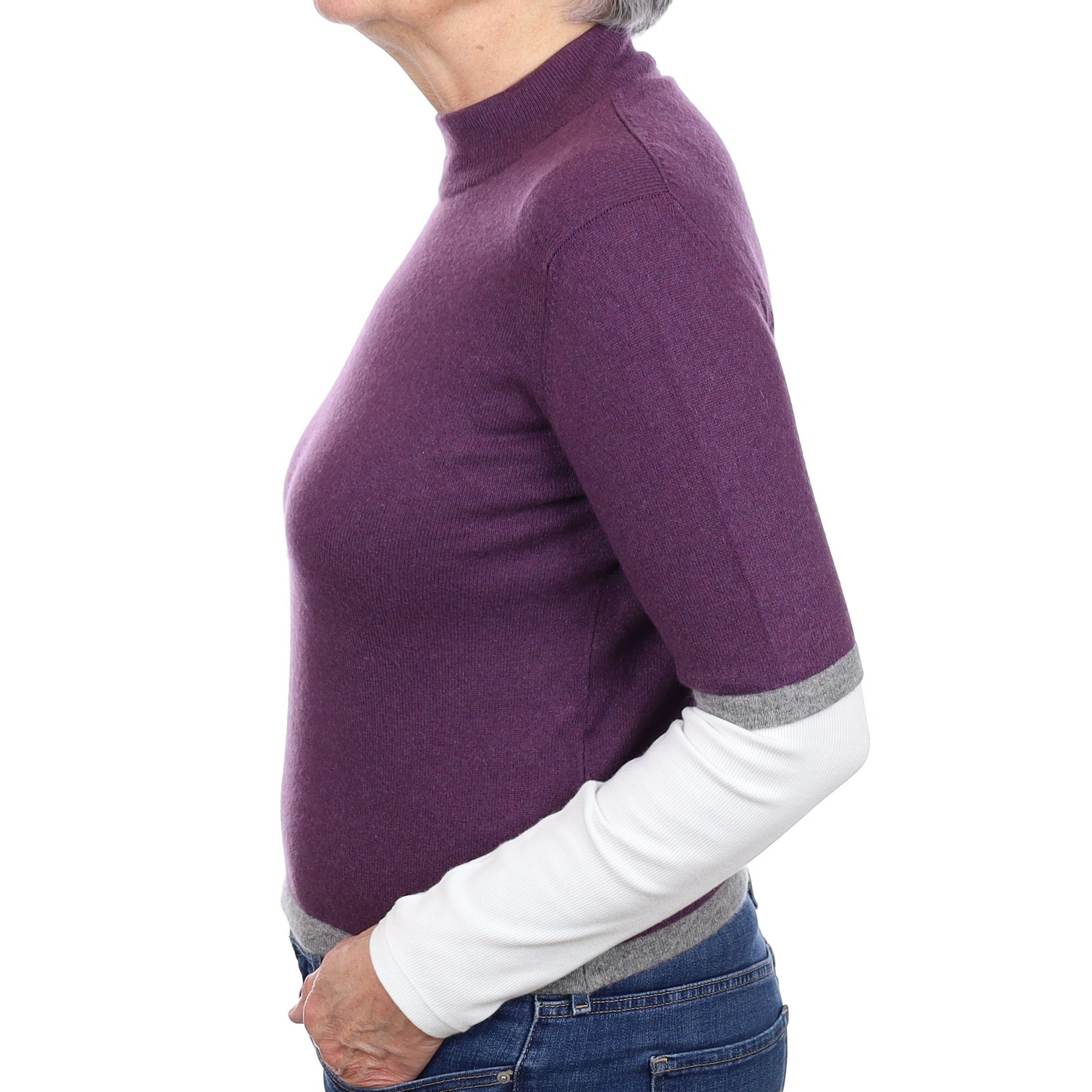 Deep Purple Cashmere Short Sleeved Turtle Neck Jumper Medium