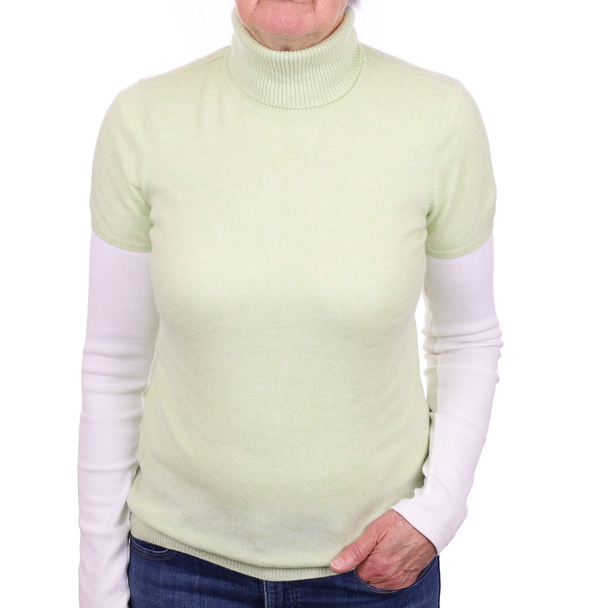 Soft Lime Cashmere Short Sleeved Polo Neck Jumper Medium