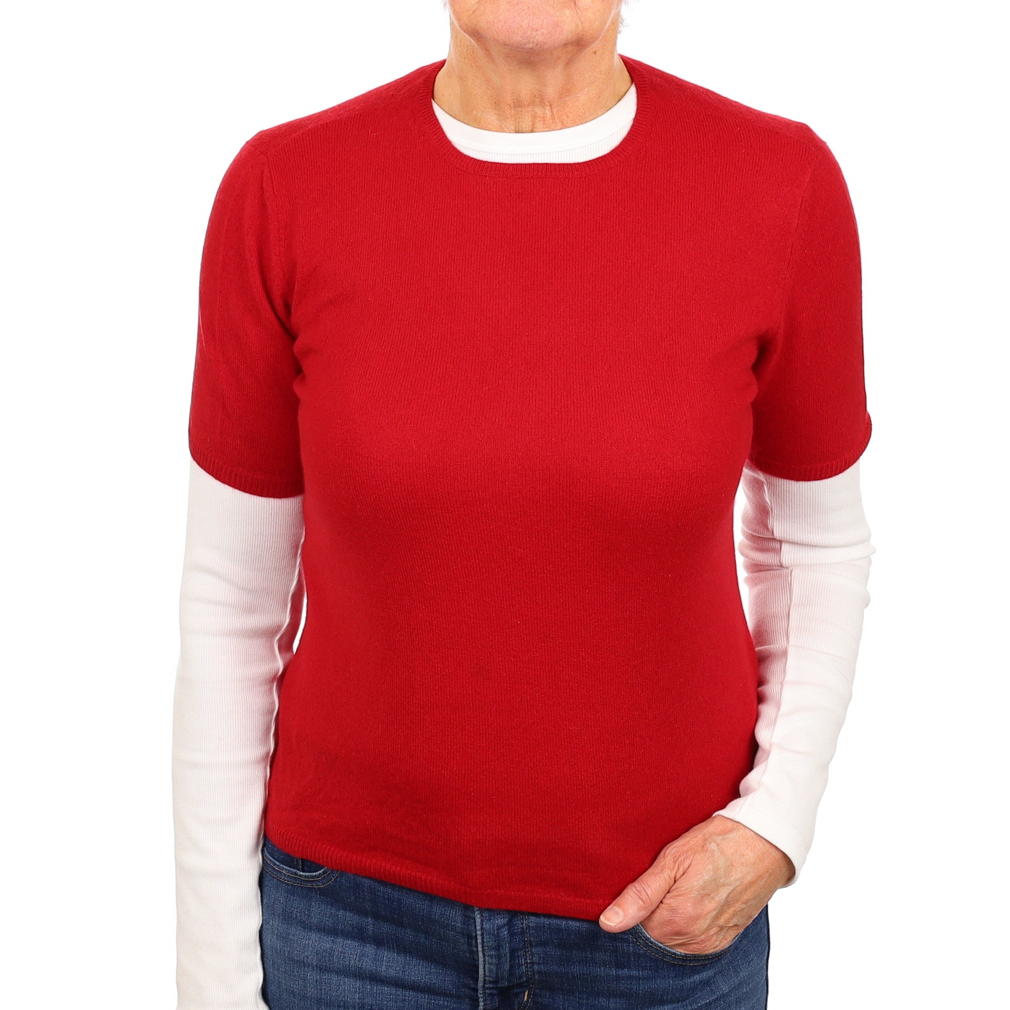 Berry Red Cashmere Short Sleeved Crew Neck Jumper Medium