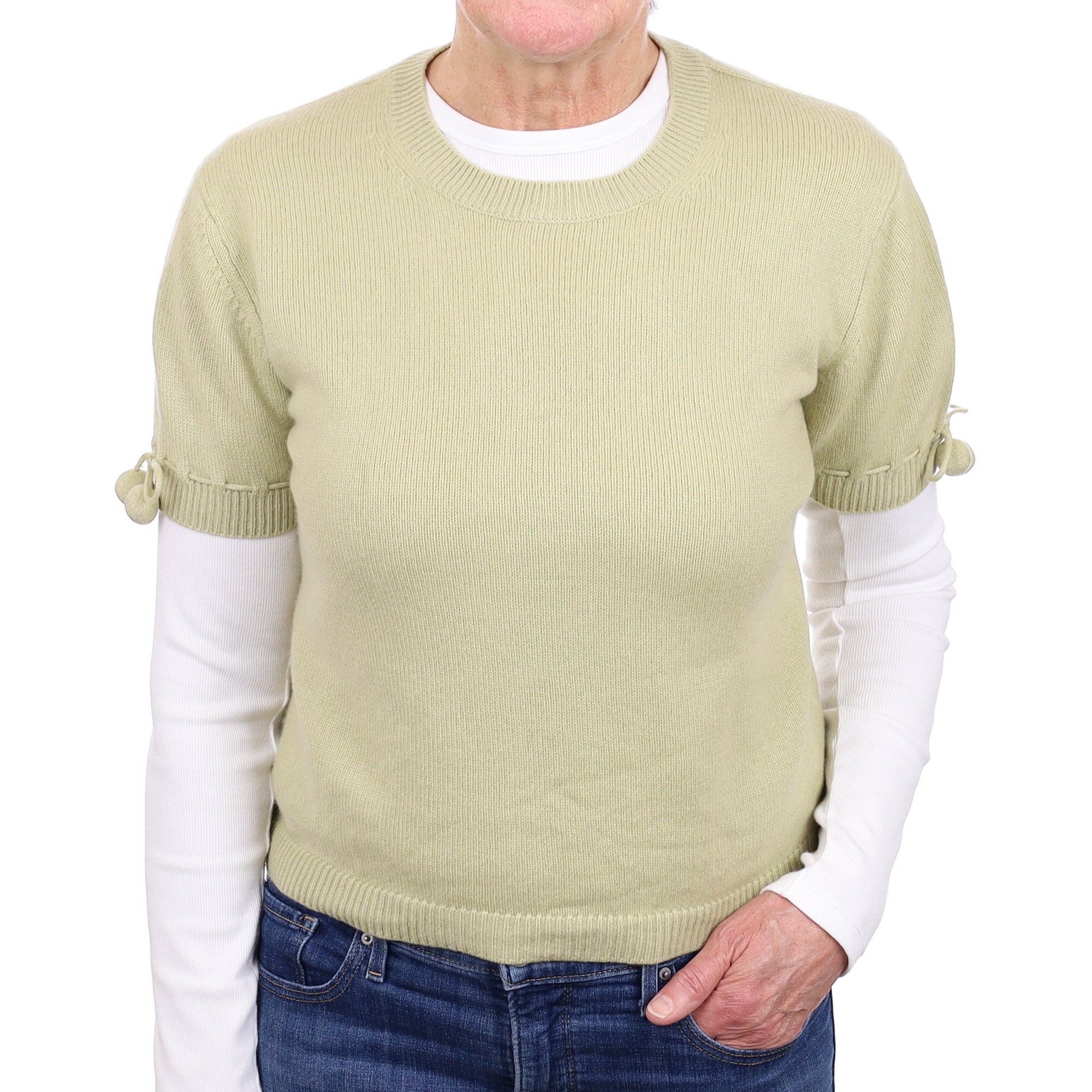 Pistachio Green Cashmere Short Sleeved Crew Neck with Pom Poms  Jumper Medium