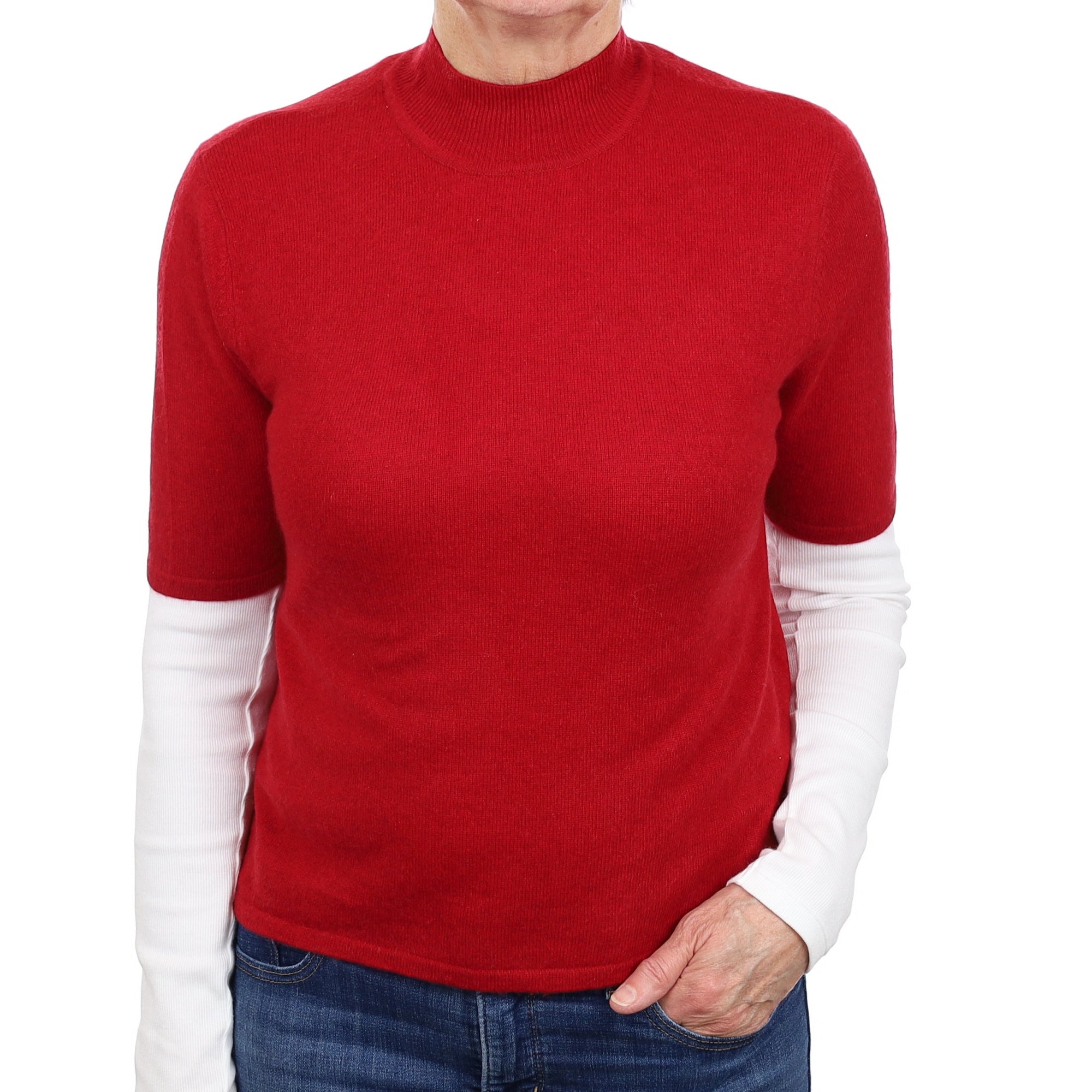 Crimson Red Cashmere Short Sleeved Turtleneck Jumper Medium