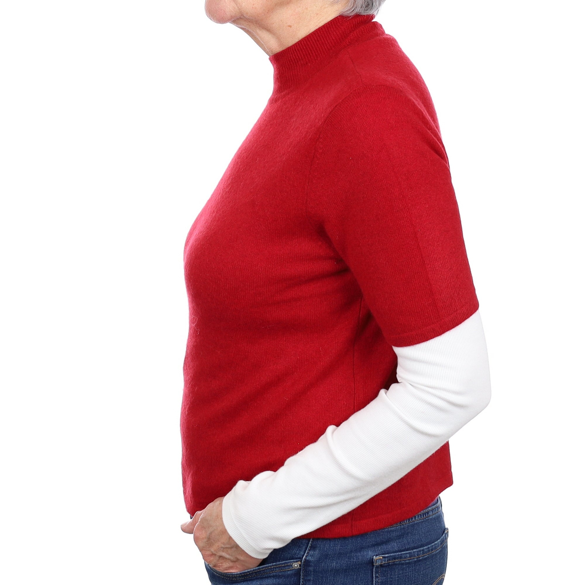 Crimson Red Cashmere Short Sleeved Turtleneck Jumper Medium