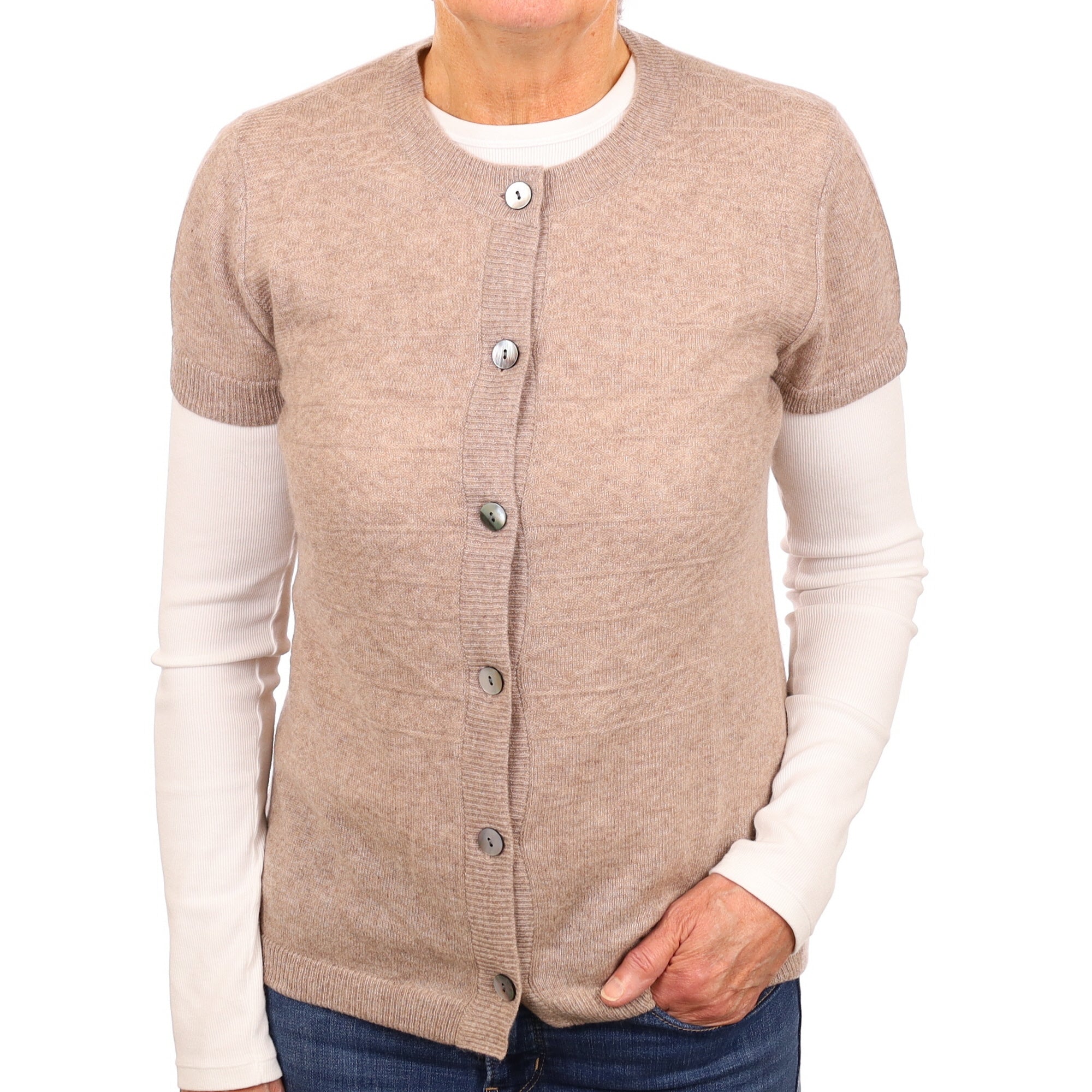 Mink Textured Cashmere Short Sleeved Cardigan Medium