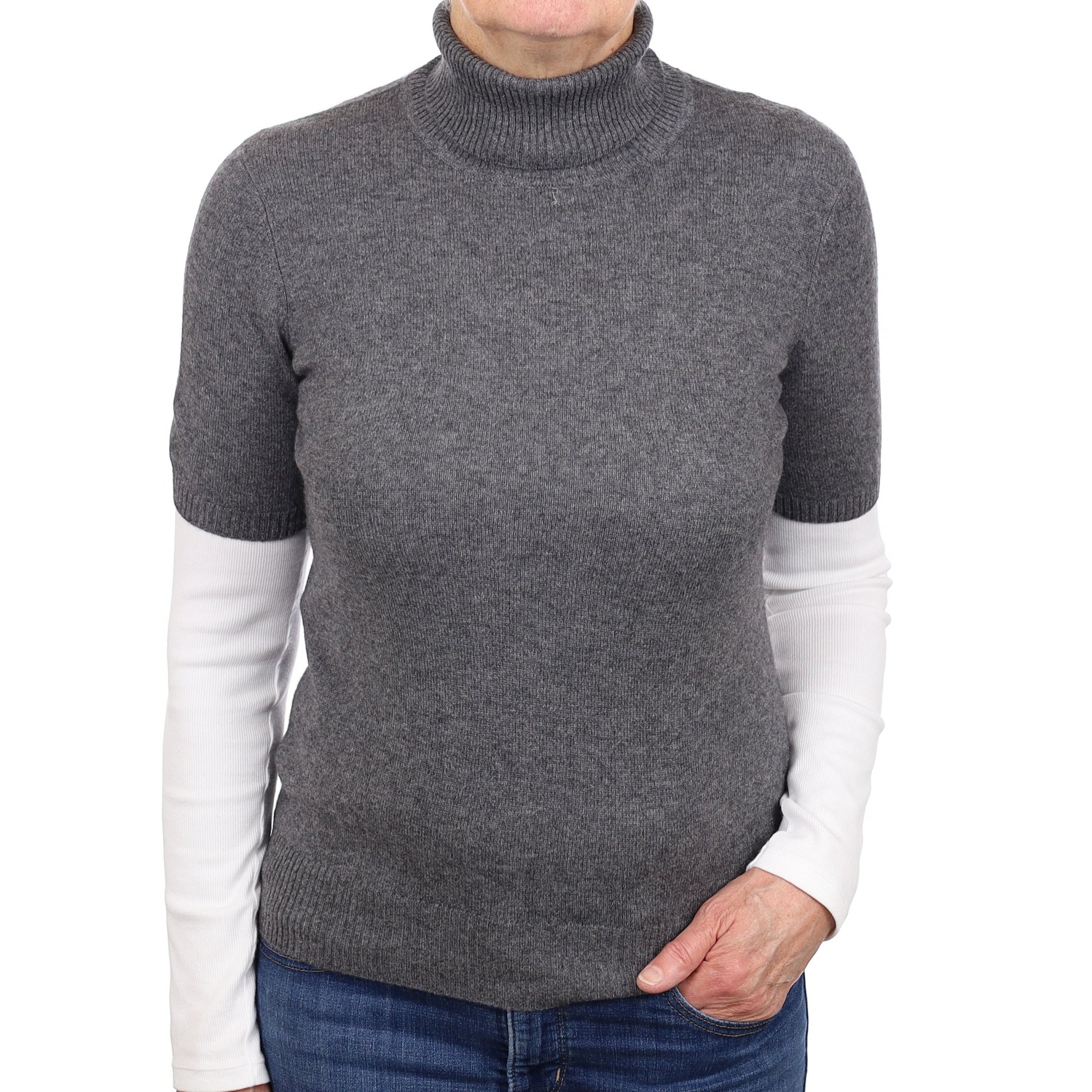 Slate Grey Cashmere Short Sleeved Polo Neck Jumper Medium