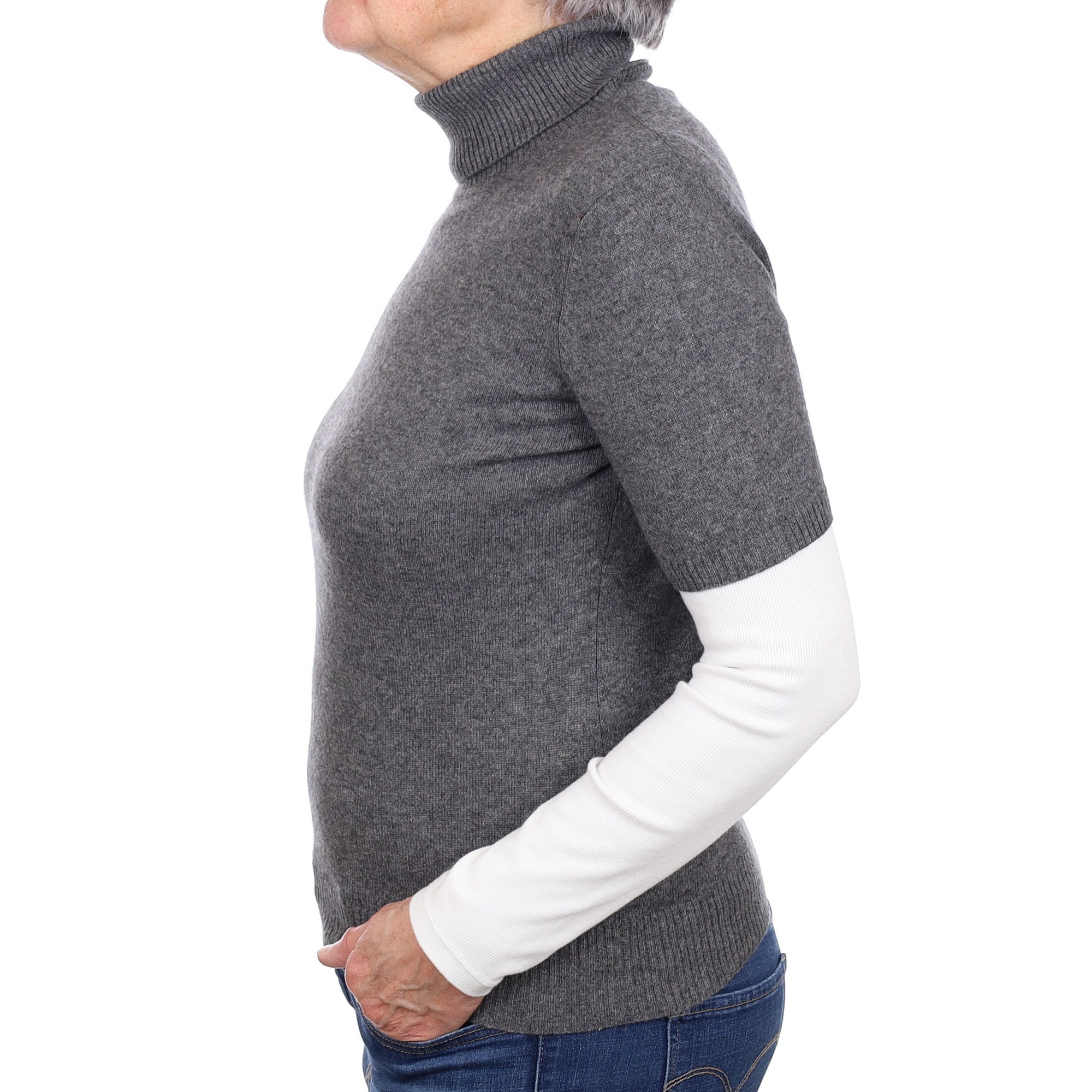 Slate Grey Cashmere Short Sleeved Polo Neck Jumper Medium