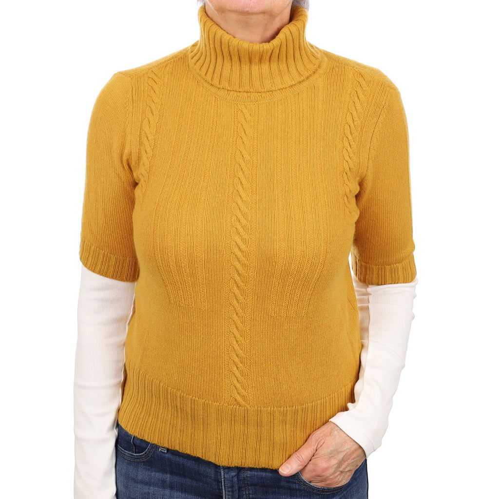 Mustard Yellow Cable Detail Cashmere Short Sleeved Polo Neck Jumper Medium