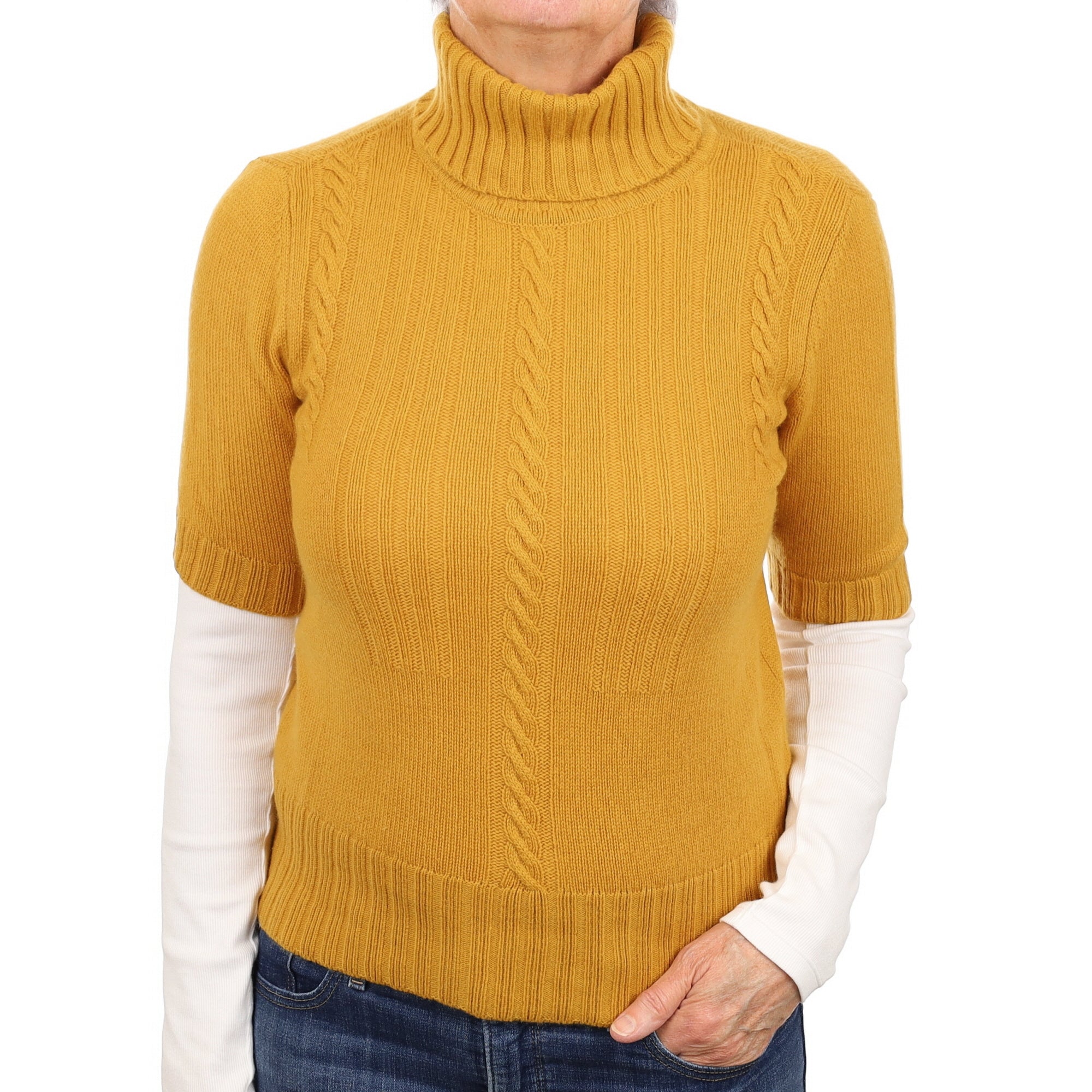 Mustard Yellow Cable Detail Cashmere Short Sleeved Polo Neck Jumper Medium