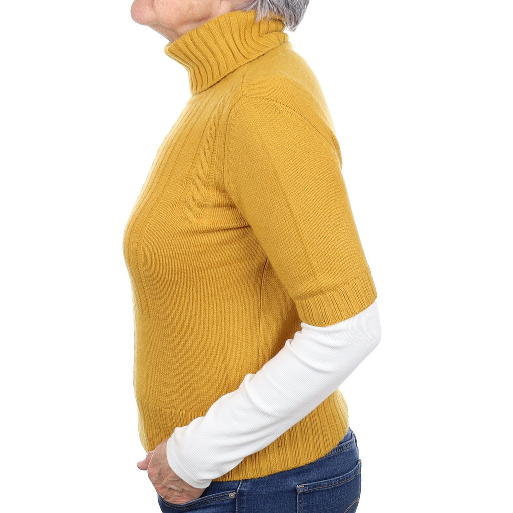 Mustard Yellow Cable Detail Cashmere Short Sleeved Polo Neck Jumper Medium
