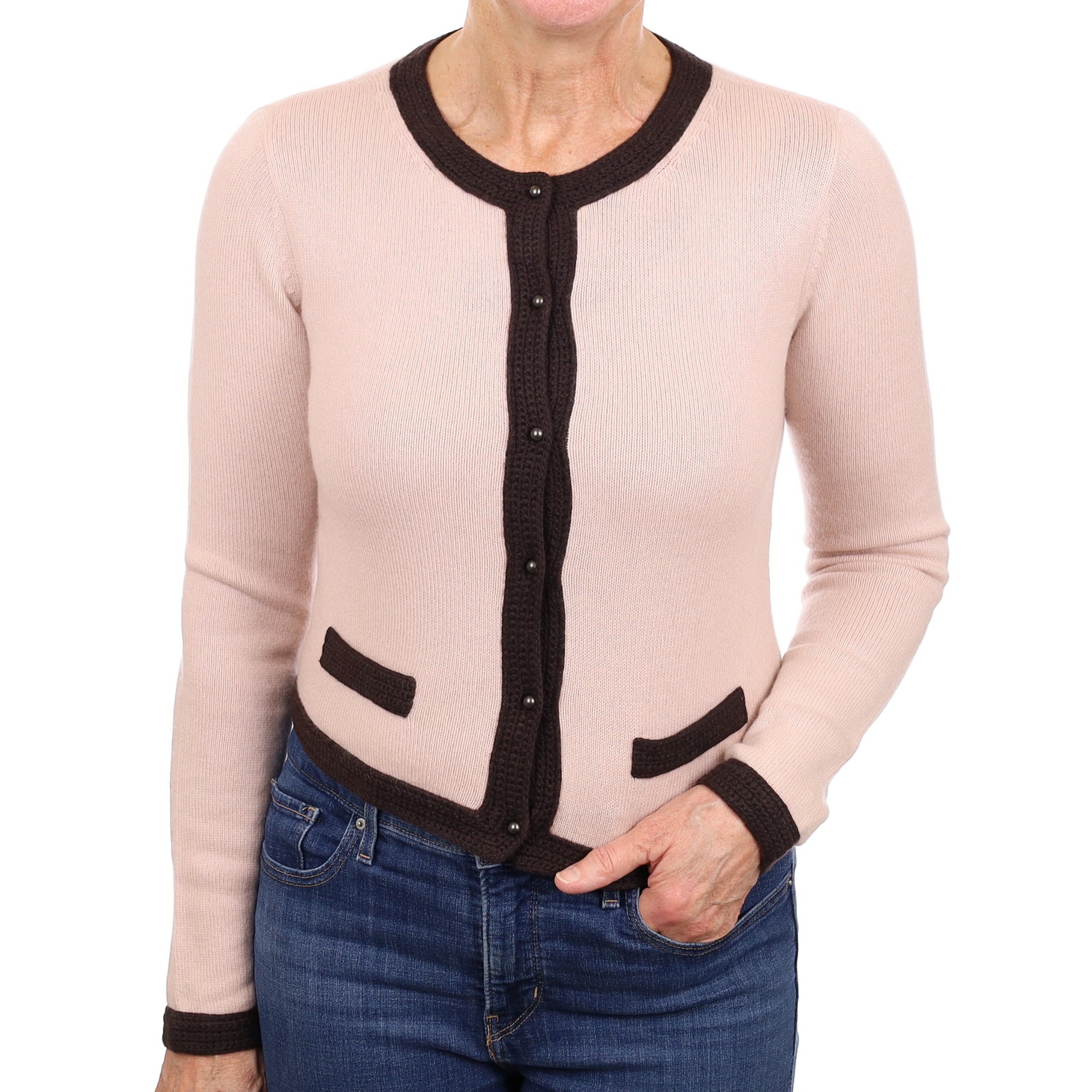 Shell Pink with Chocolate Trim Cashmere Crew Neck Cardigan Medium