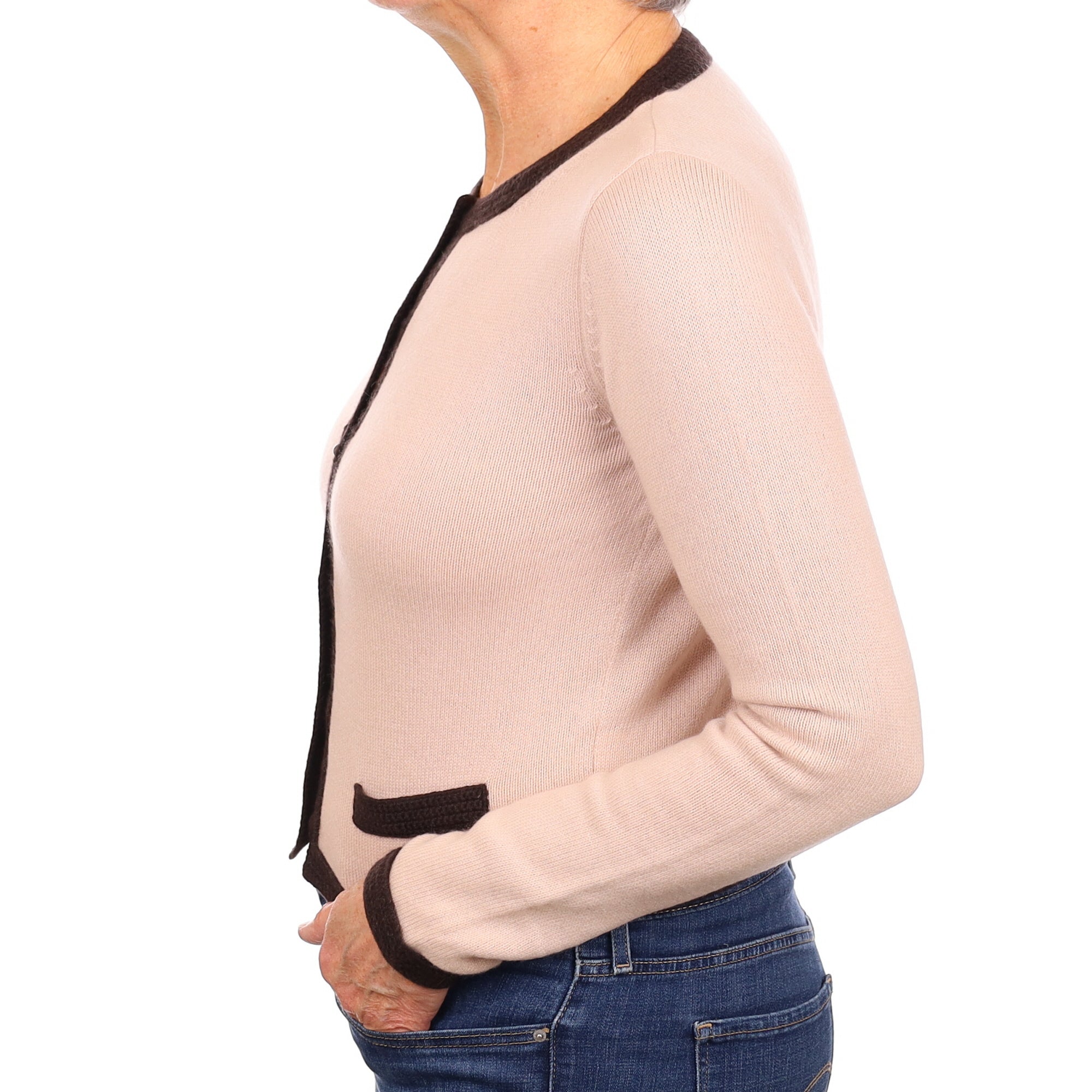 Shell Pink with Chocolate Trim Cashmere Crew Neck Cardigan Medium