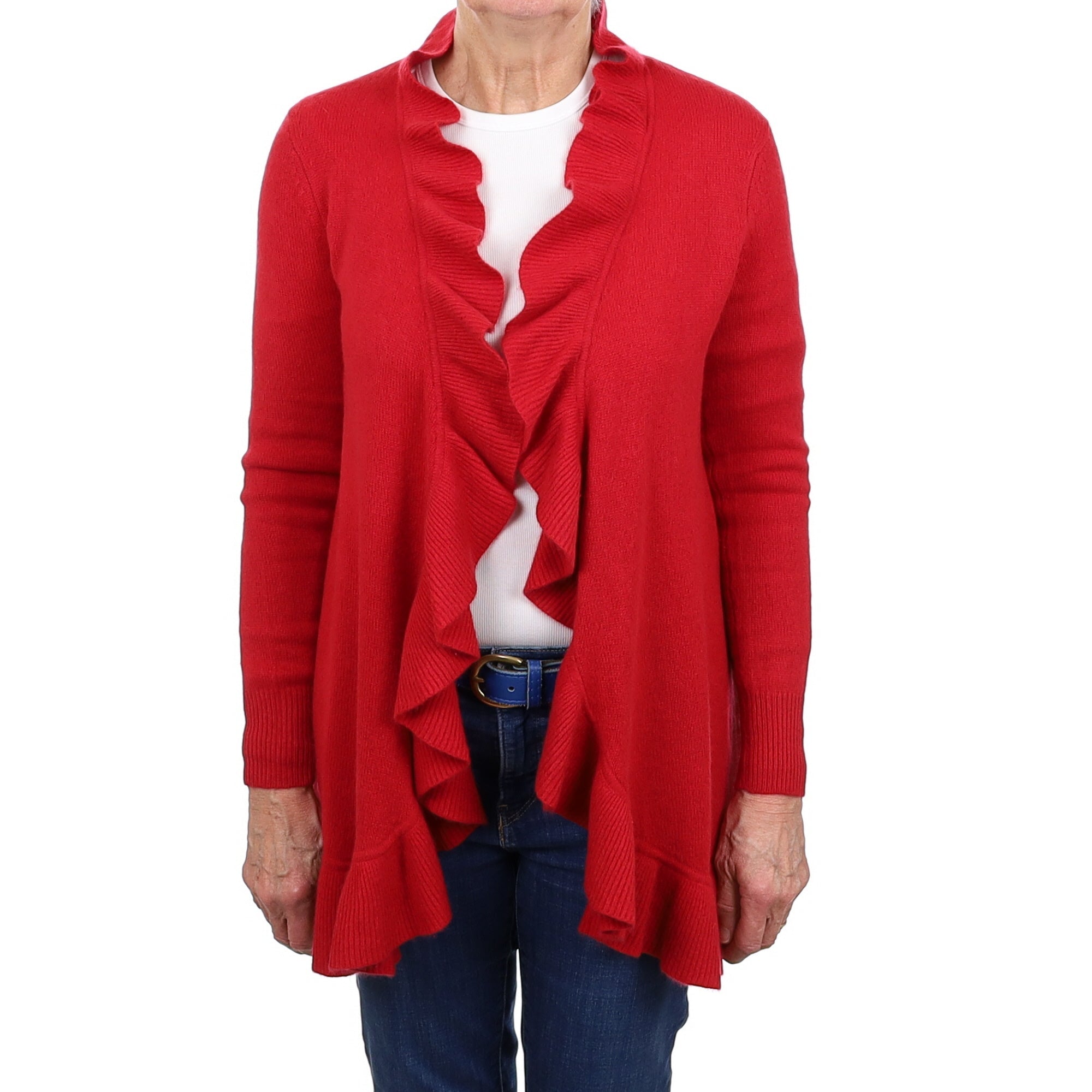 Red Cashmere Frill Trim Edge to Edge Cardigan Medium