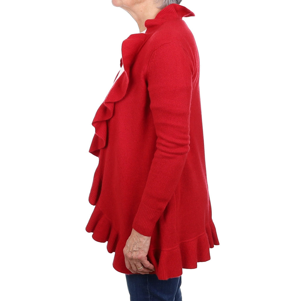 Red Cashmere Frill Trim Edge to Edge Cardigan Medium