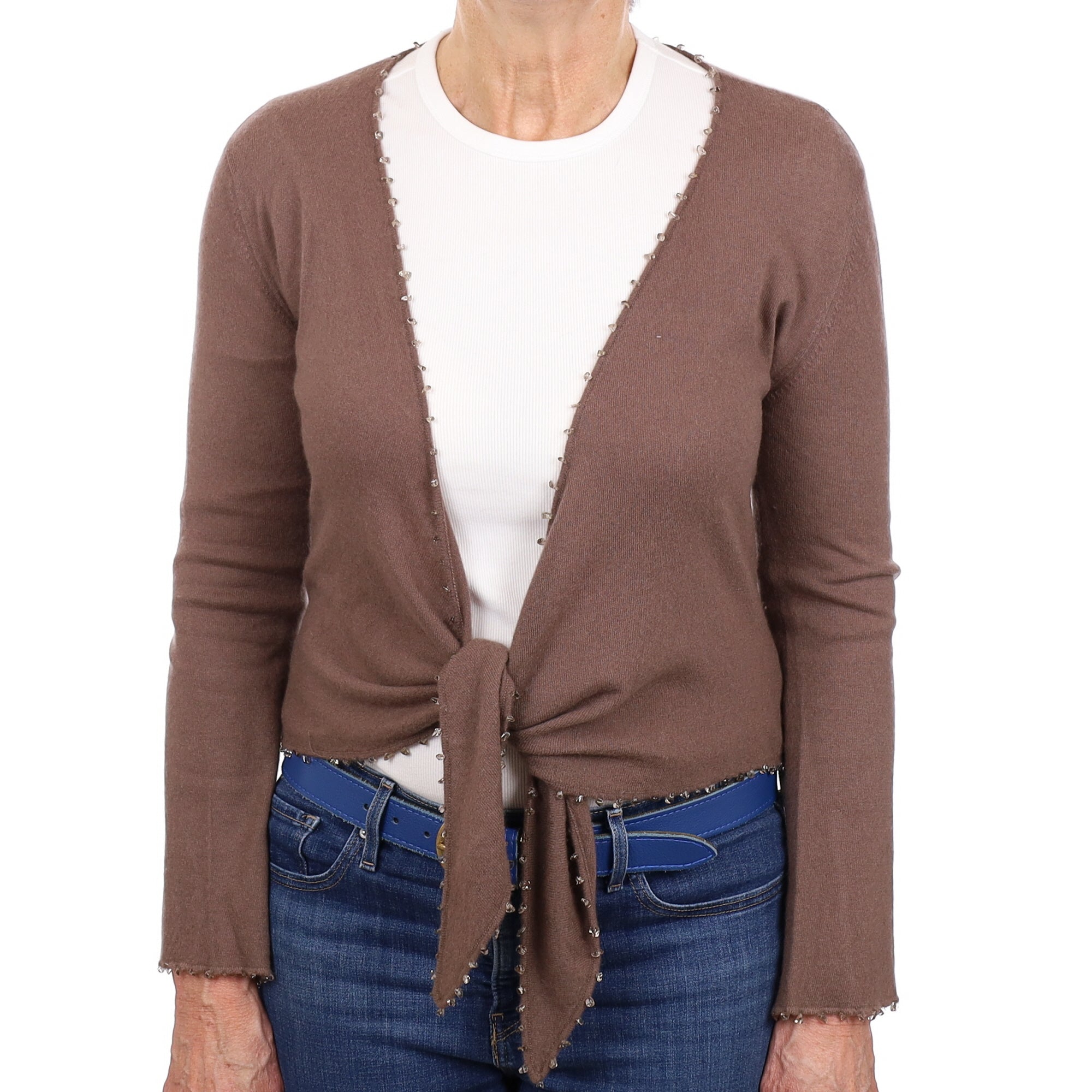 Mocha Brown Cashmere Tie Front Cardigan Medium