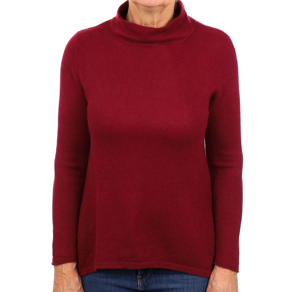 Burgundy Red Cashmere Flared Hem Funnel Neck Jumper Medium