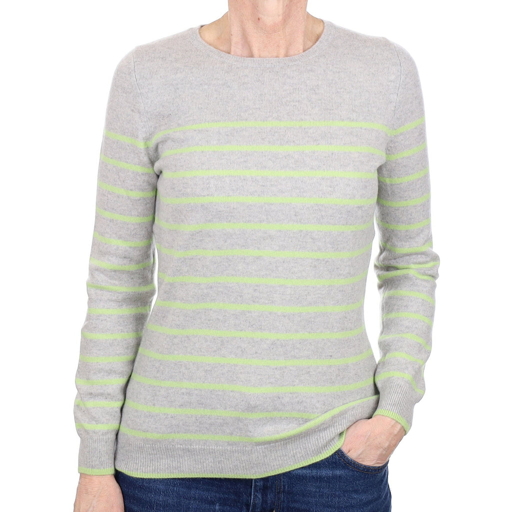 Smoke Grey Green Stripe Cashmere Crew Neck Jumper Small