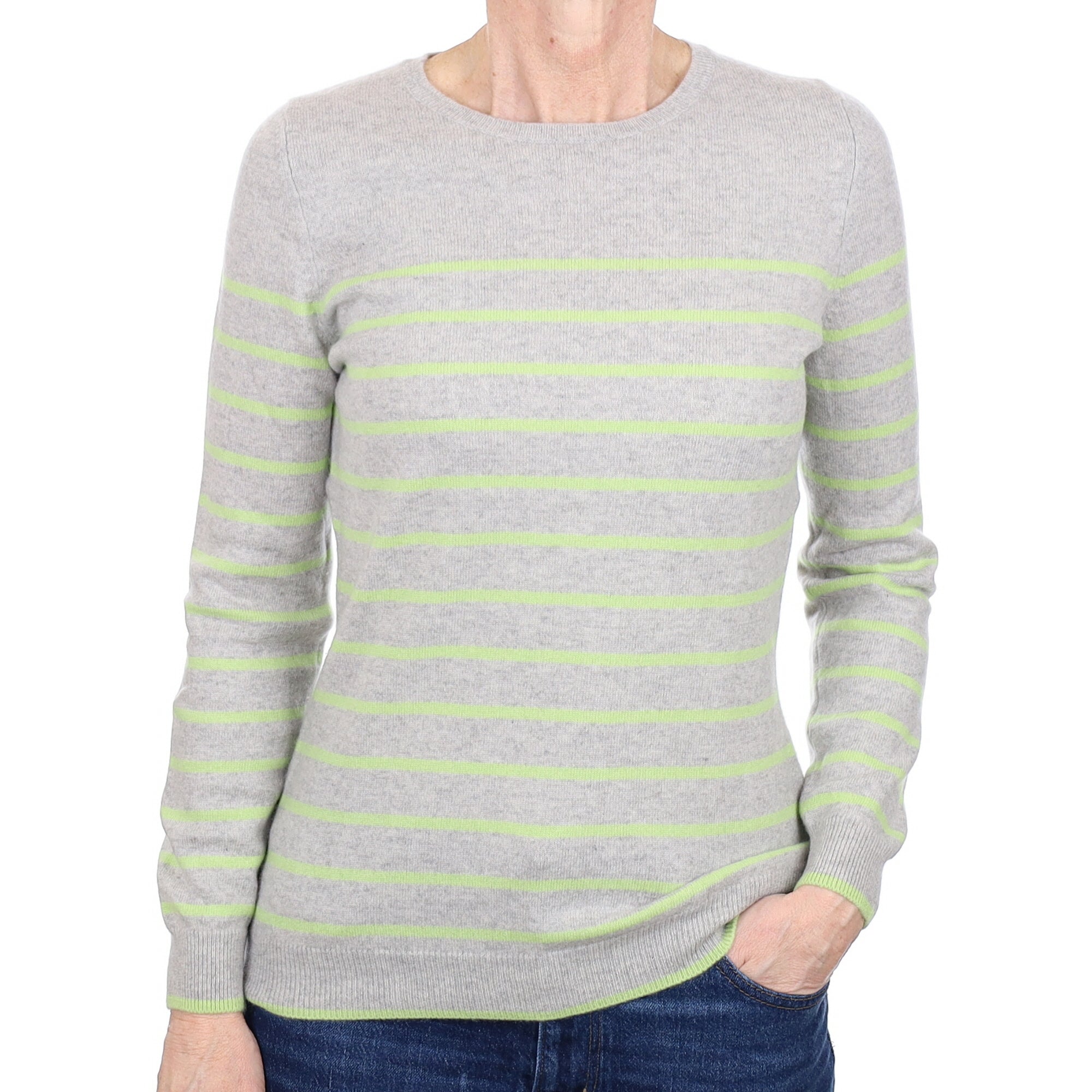 Smoke Grey Green Stripe Cashmere Crew Neck Jumper Small