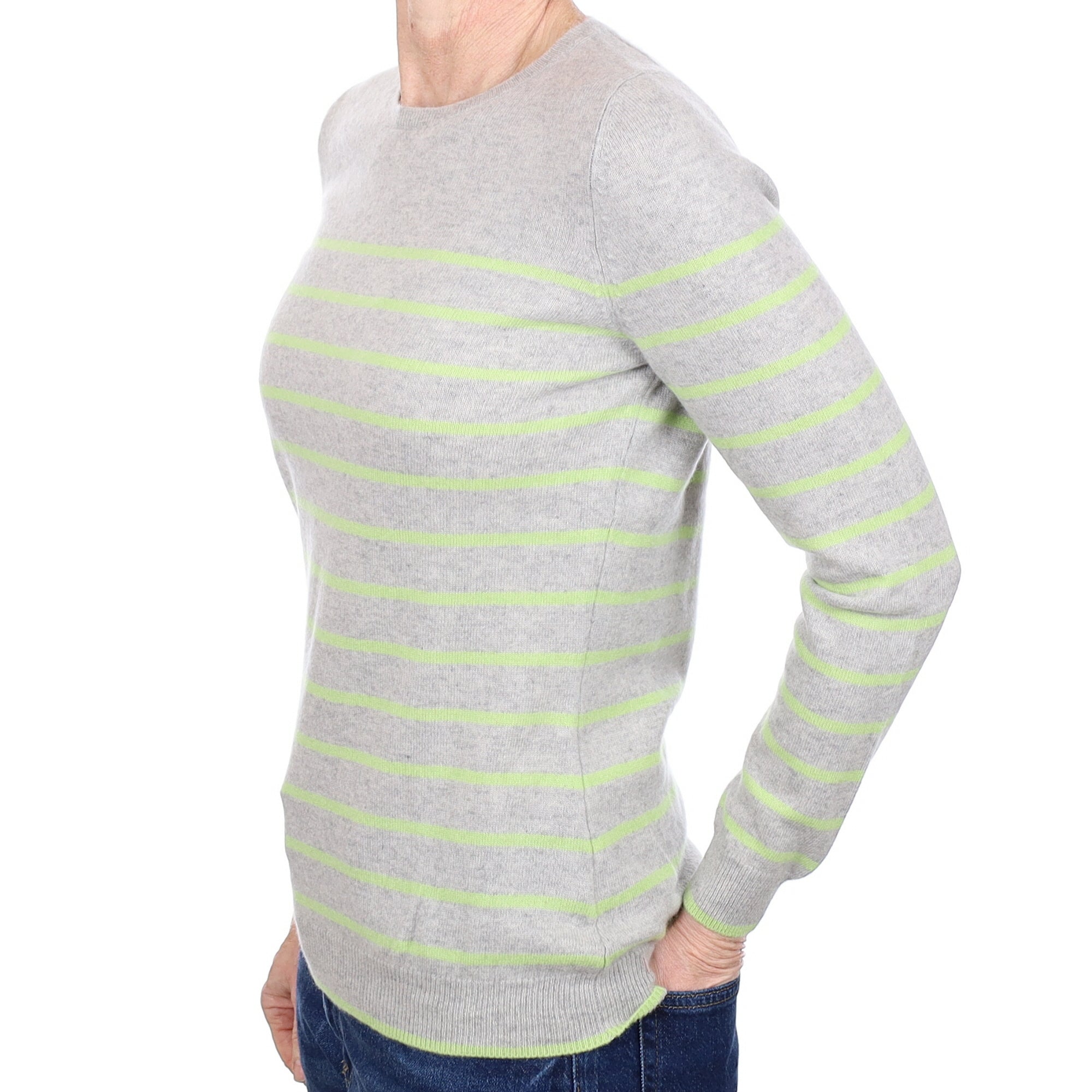 Smoke Grey Green Stripe Cashmere Crew Neck Jumper Small