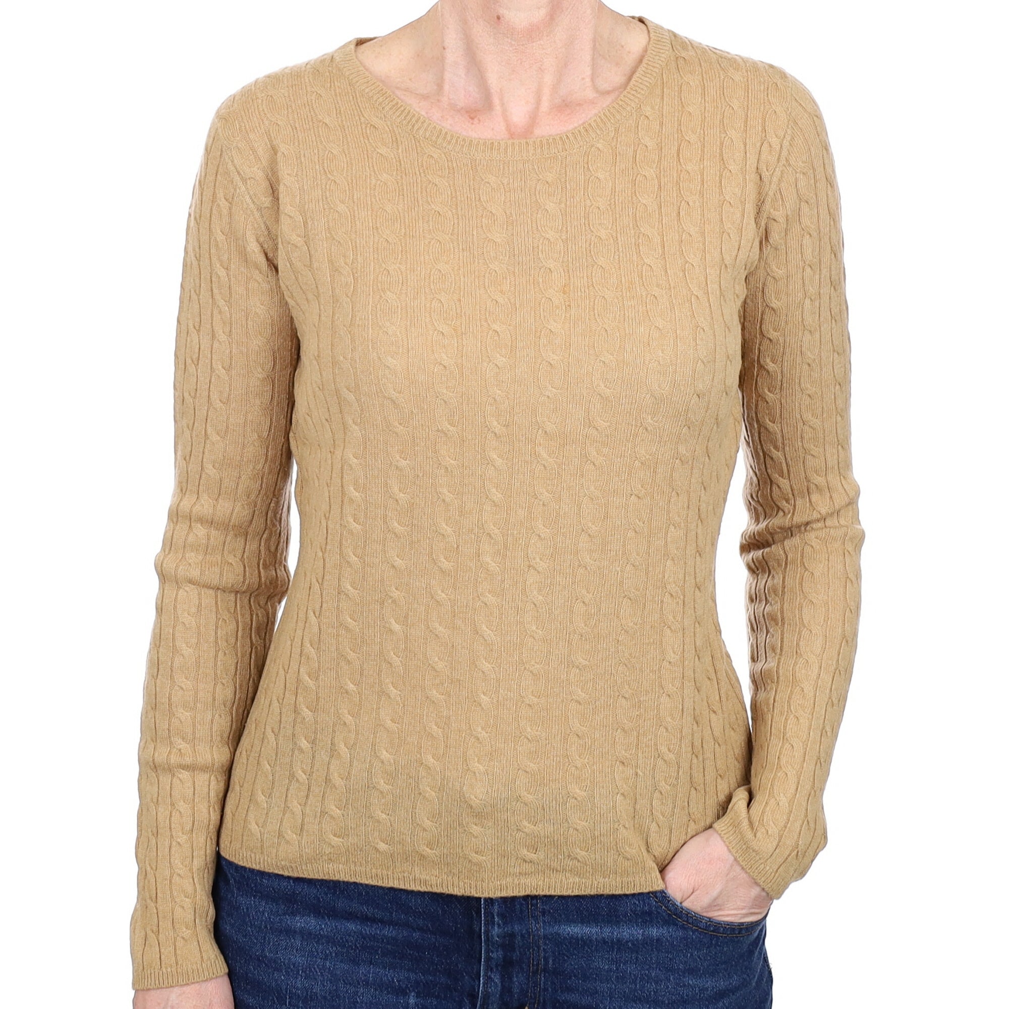 Camel Brown Cable Cashmere Crew Neck Jumper Small