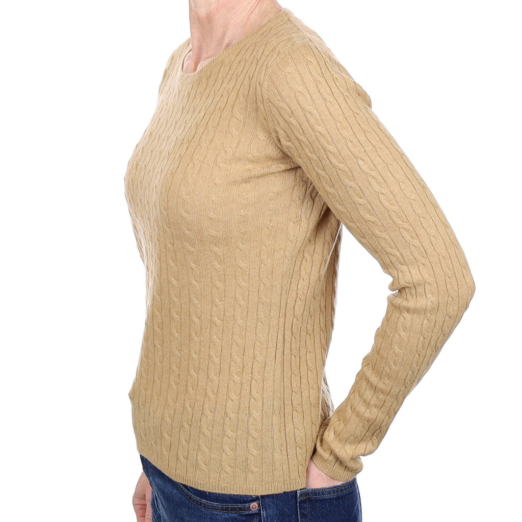 Camel Brown Cable Cashmere Crew Neck Jumper Small