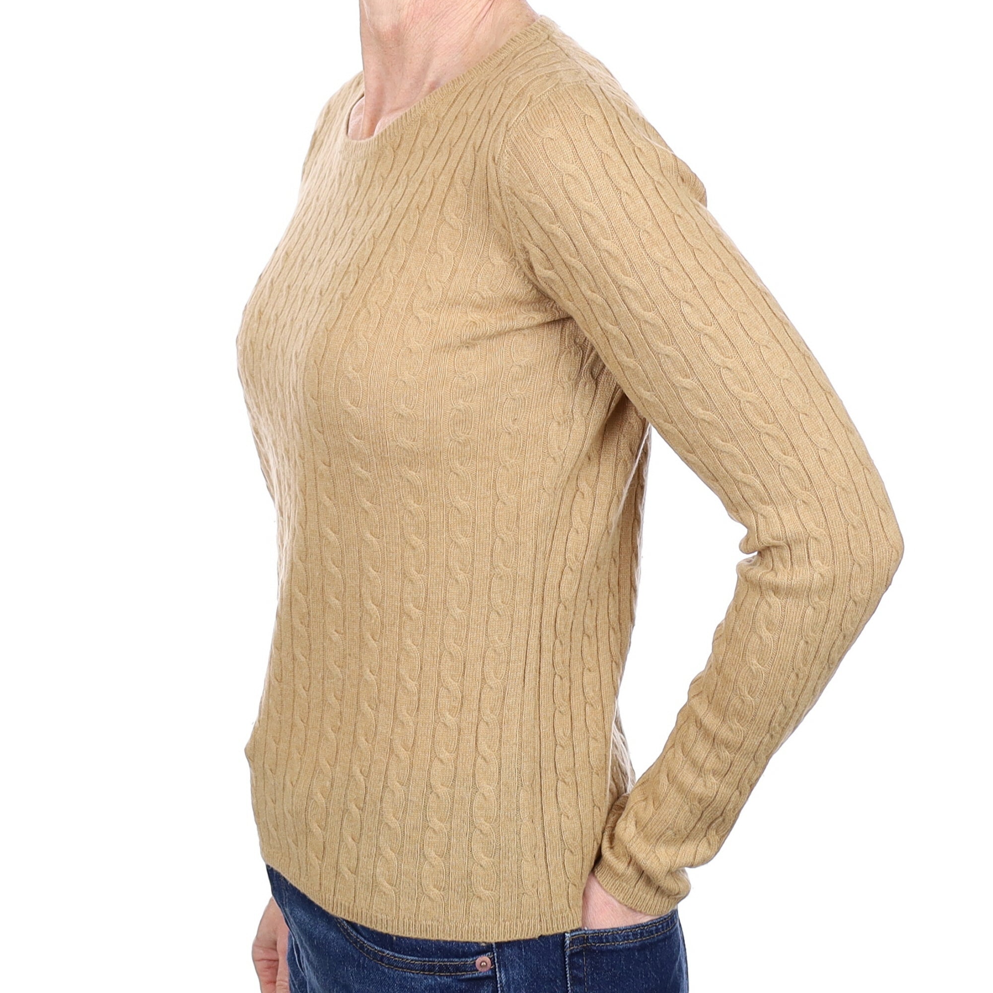 Camel Brown Cable Cashmere Crew Neck Jumper Small