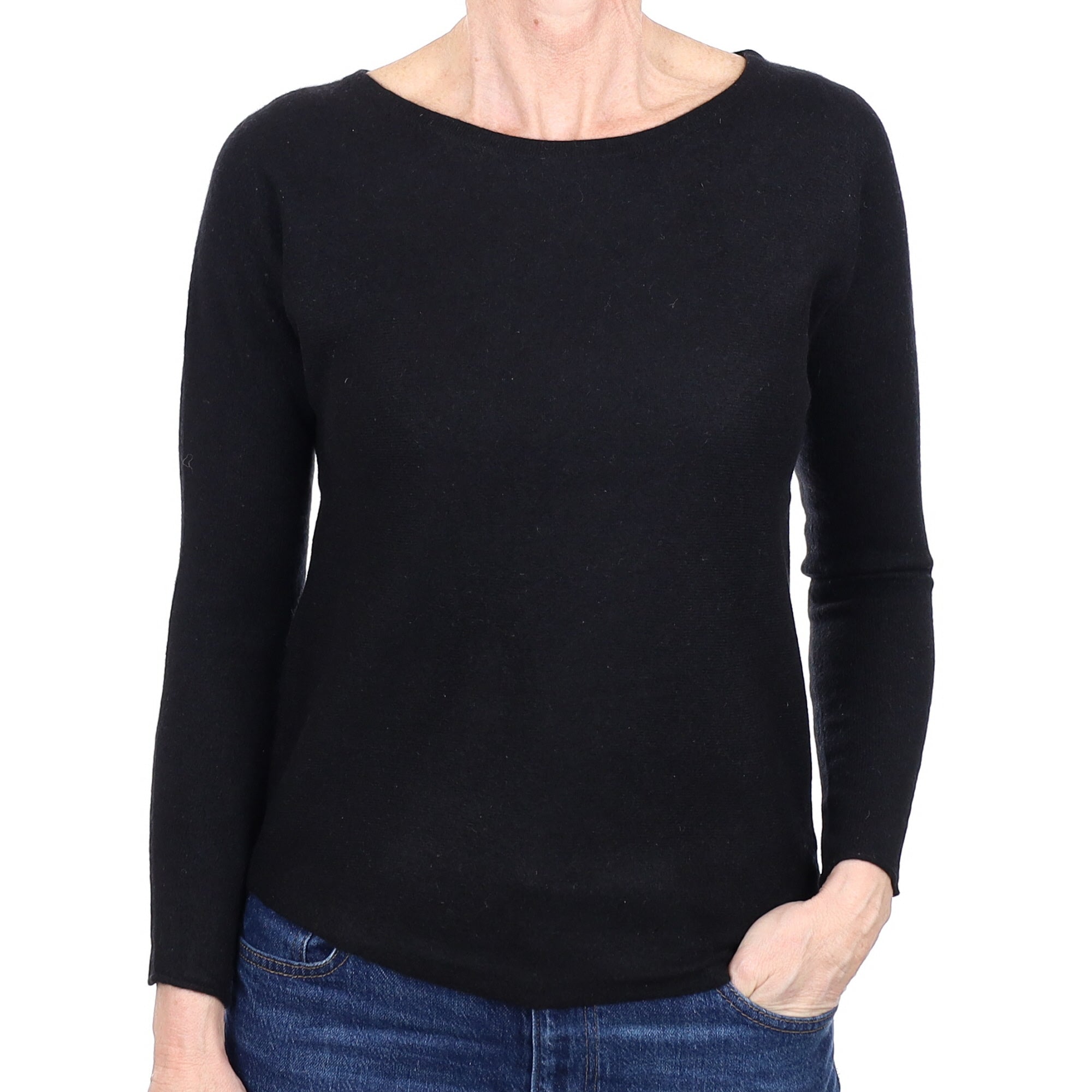 Black Cashmere Wide Crew Neck Jumper With Batwing Sleeves and scooped Hem Small
