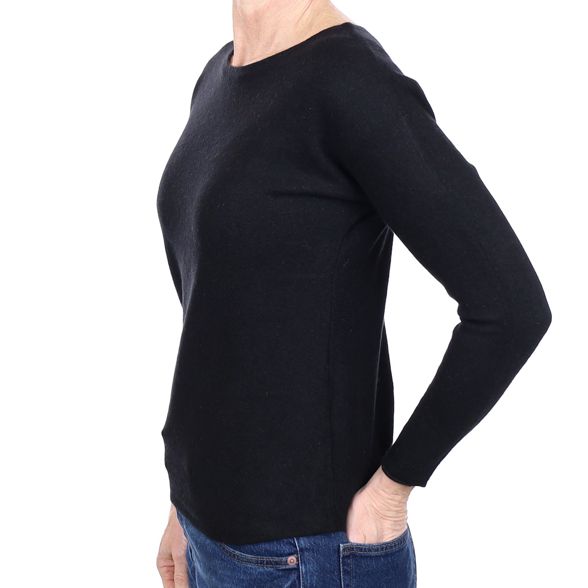 Black Cashmere Wide Crew Neck Jumper With Batwing Sleeves and scooped Hem Small