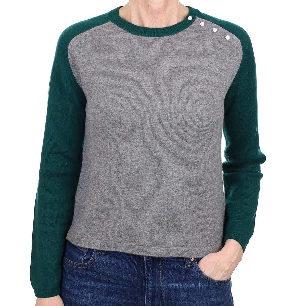 Grey and Green Colour Block Cashmere Crew Neck Jumper Small